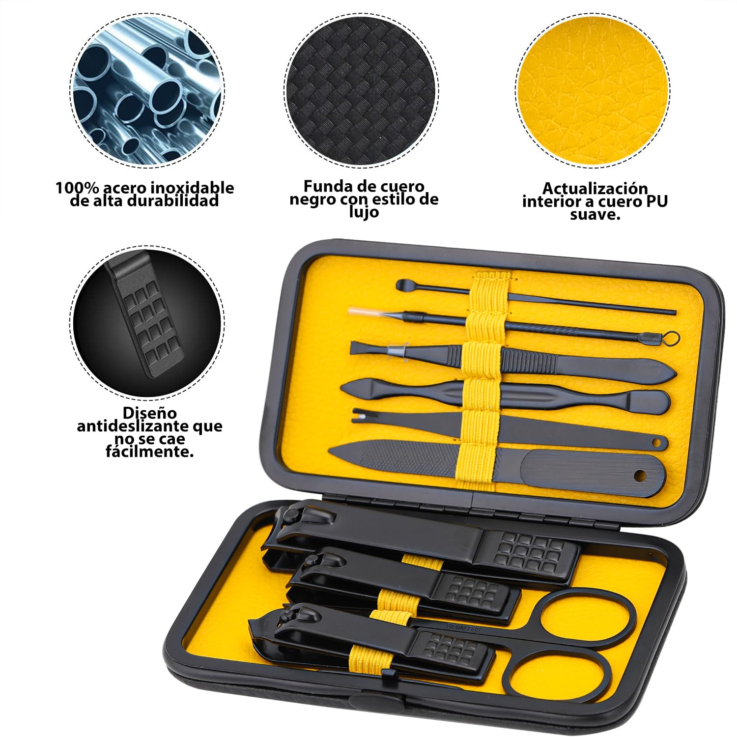 Glamne Manicure Set Nail Clippers Kit Professional Stainless Steel Nail Care Tools With Leather Travel Case 10 In 1 Yellow