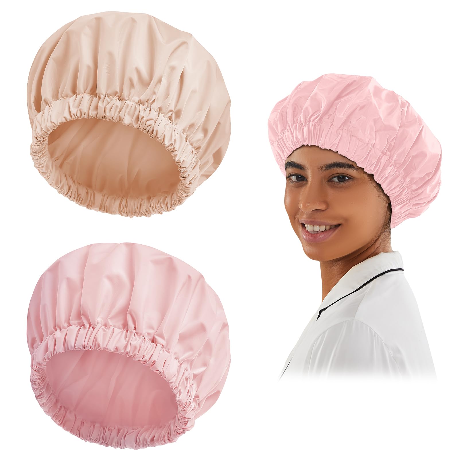 Reusable Shower Cap For Women, Large Waterproof Shower Bonnet Washable Elastic Band Bath Hair Hat For Long Hair, Braids(Pink&Bei