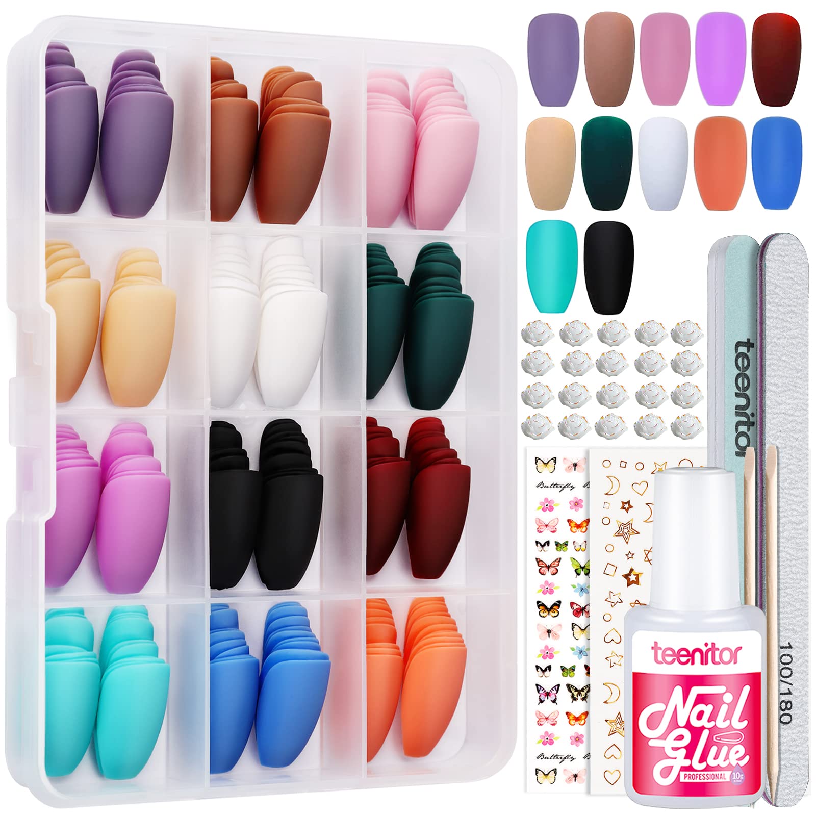 Teenitor Matte Press On Nails Coffin, 288pcs Press On Nails Medium Length Coffin Glue On Nails Set, 12 Color Press On Coffin Nai
