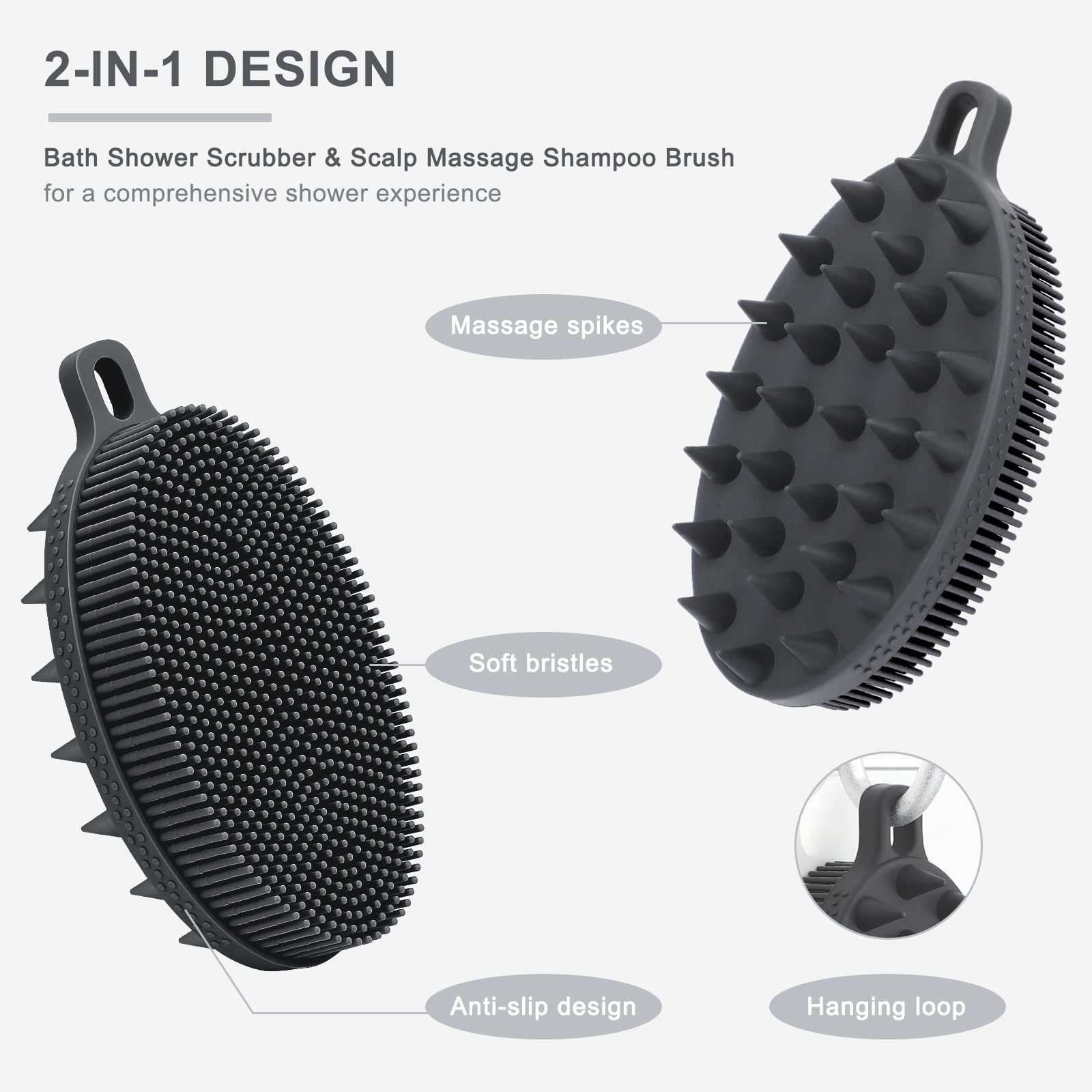 Freatech 2-In-1 Silicone Body Scrubber - Bath Shower Body Brush And Shampoo Brush Scalp Massager Exfoliator, Deep Cleanse Skin &