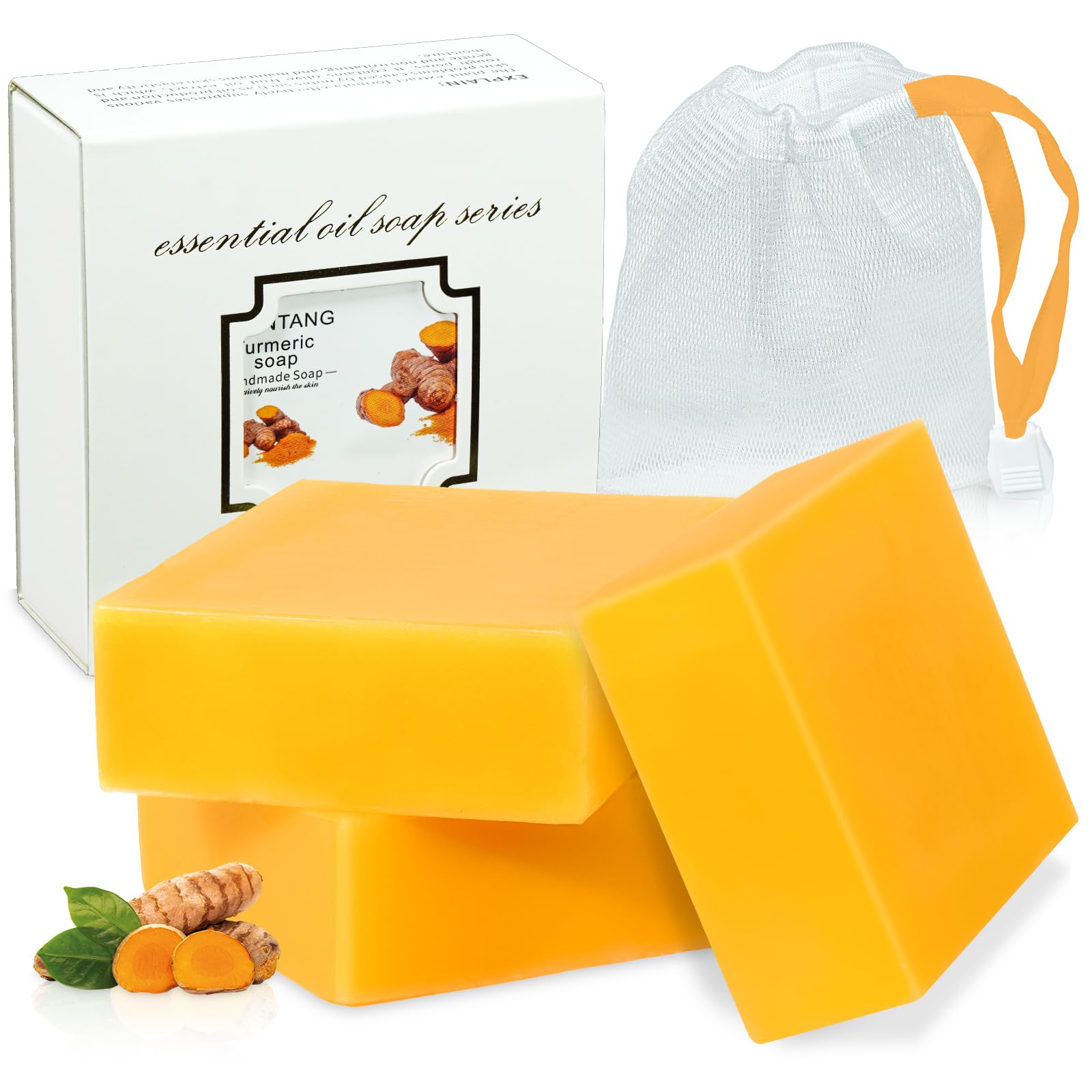 tovaginsh 3Packs Turmeric Soap Bar, Organic Tumeric Soap for Face and Body, Lemon Turmeric bar Soap with Vitamin C, E for All Sk