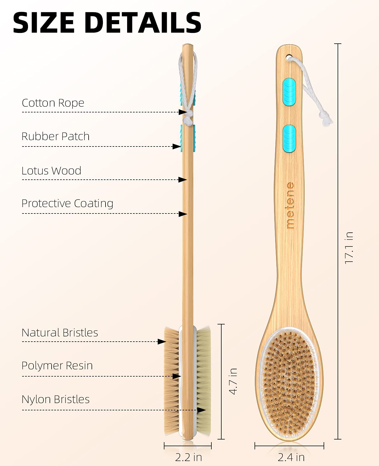 Metene Shower Brush With Soft And Stiff Bristles, Bath Dual-Sided Long Handle Back Scrubber Body Exfoliator For Wet Or Dry Brush