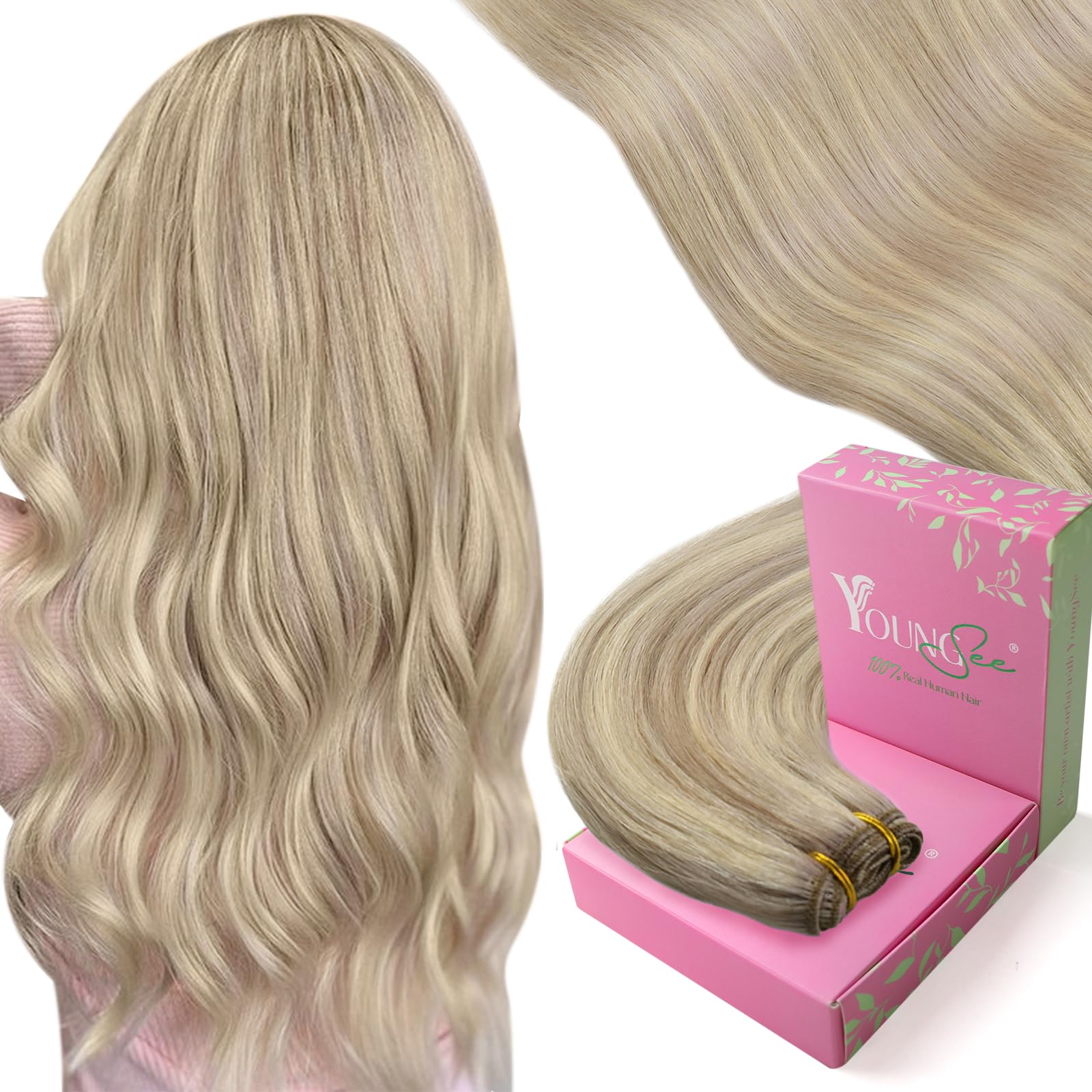 YoungSee Weft Extensions Human Hair, Highlight Human Hair Weft Extensions, Warm Ash Blonde Highlights Bleach Blonde Sew in Human