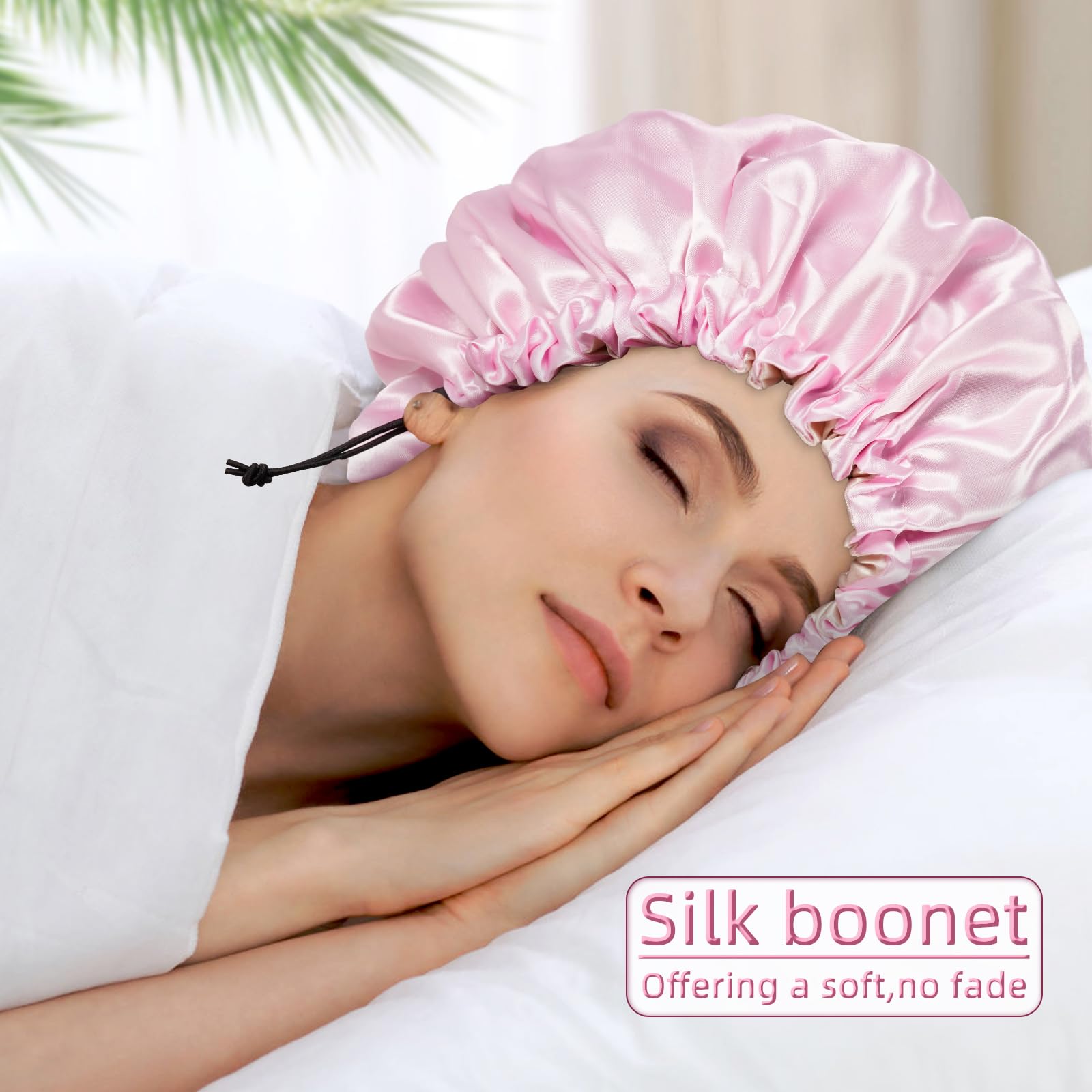 Satin Bonnet Silk Bonnet For Curly Hair Bonnet Braid Bonnet For Sleeping Bonnets For Women Large Double-Layer Adjustable(2Pcs Pi