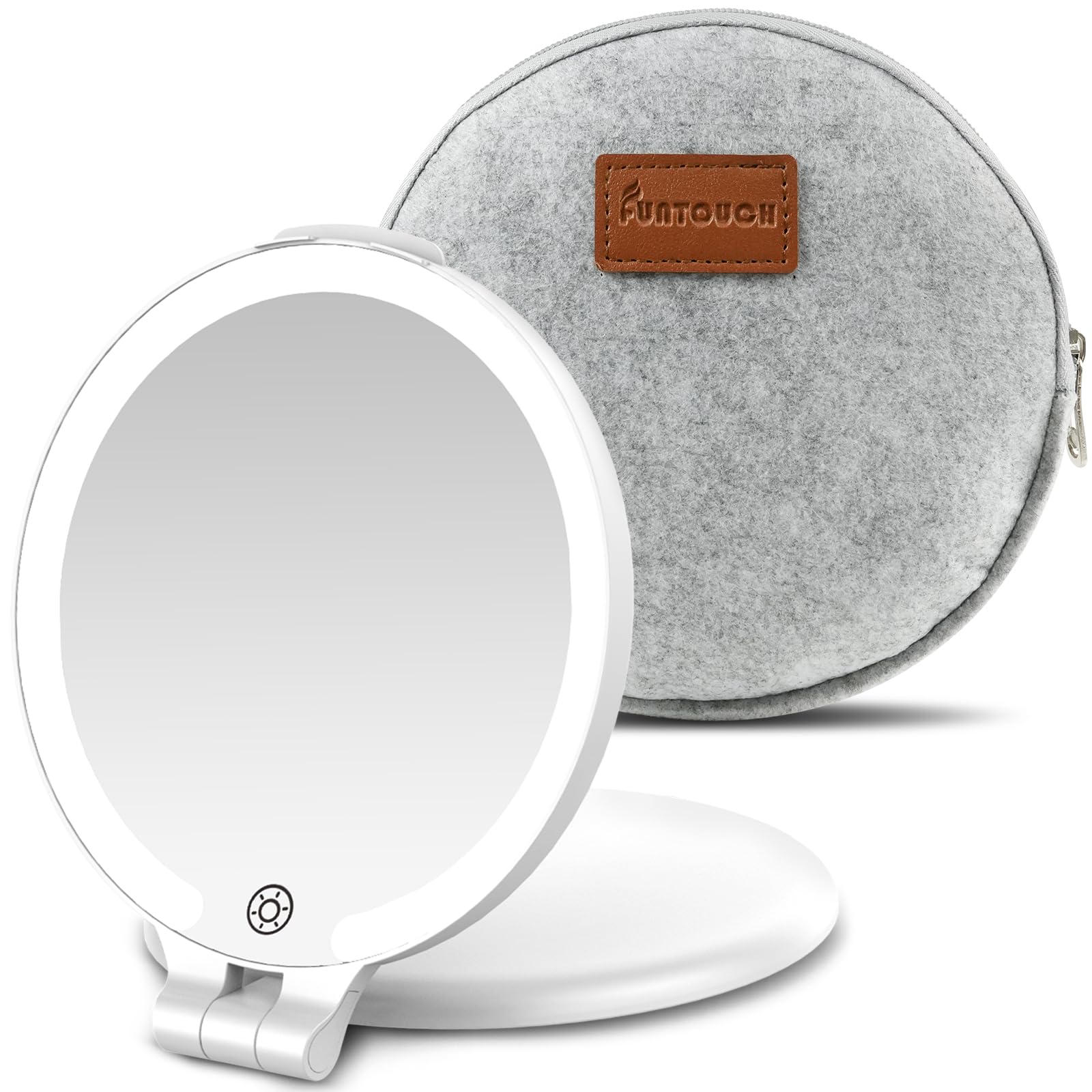 FUNTOUCH Travel Magnifying Mirror with Light, Rechargeable 1X/10X Double Sided Makeup Mirror with Lights, 3 Lighting Modes, Fold
