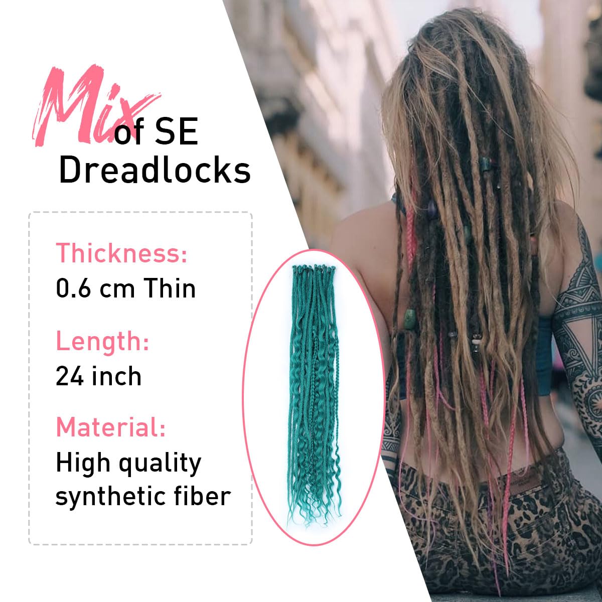 Kraler 24 Inch Mixed Se Dreadlock Extensions Sets, 3 In 1 20 Strands Synthetic Single Ended Dreads Extensions, Teal Green Hippie