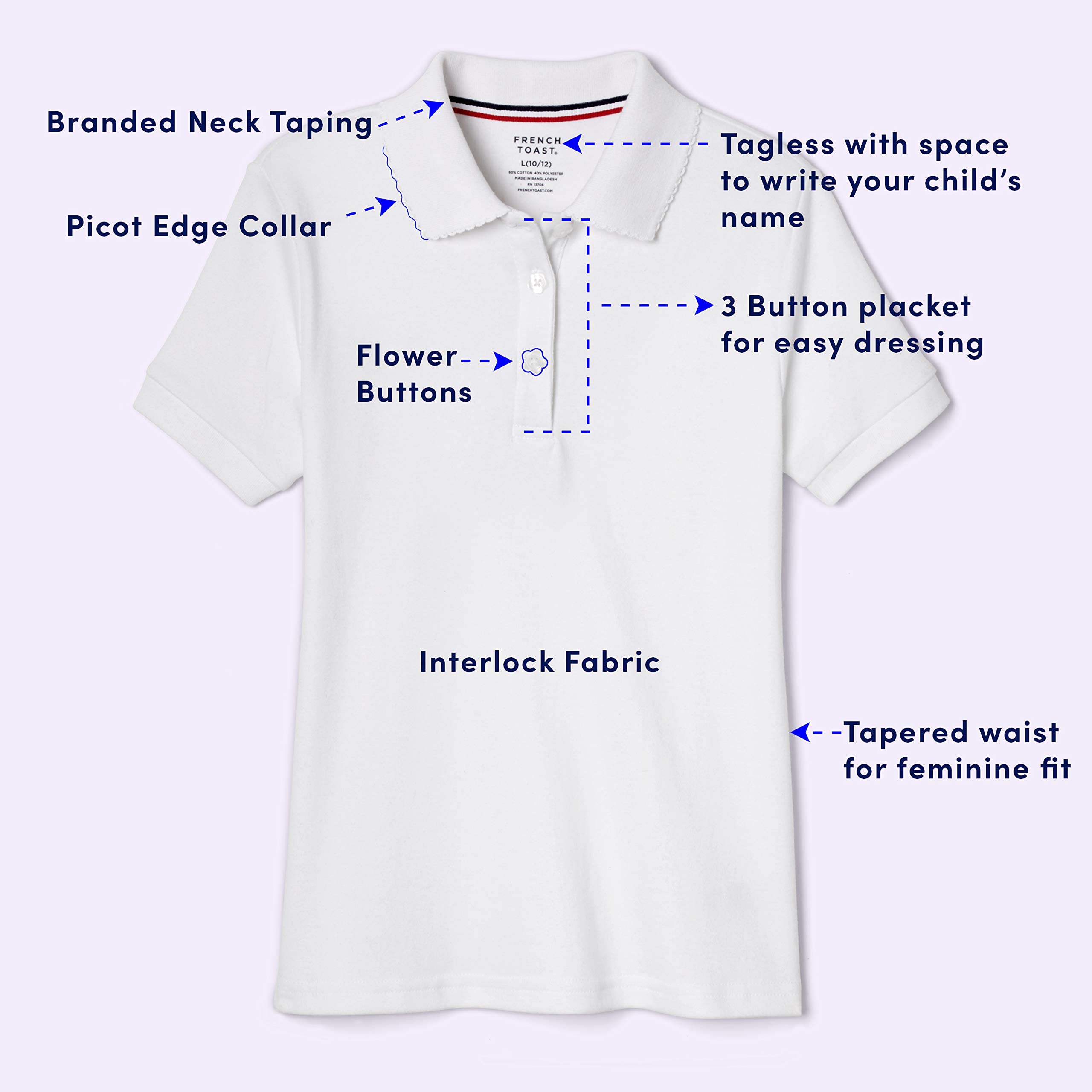 French Toast girls Short Sleeve Picot collar (Standard  Plus) Polo Shirt, White, 14-16 US