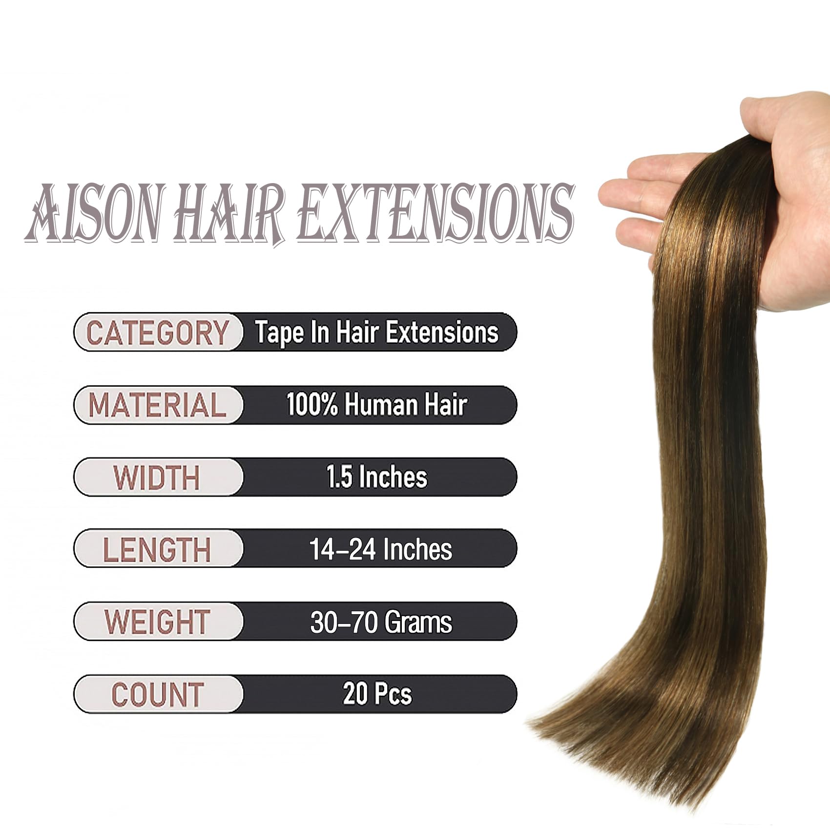 Aison Balayage Dark Brown Ombre To Chestnut Brown Human Hair Tape In Extensions 16Inches 30G 20 Pcs/Pack Tape Ins Human Hair Ext