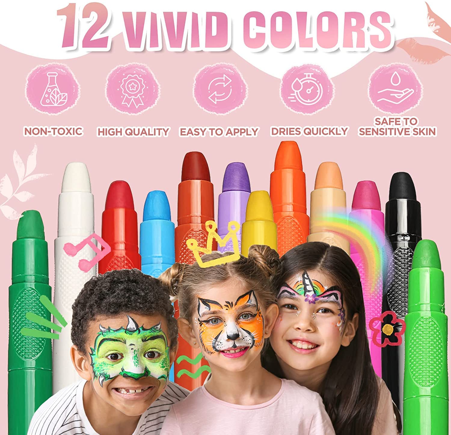 Beesjuy Face Painting Kits For Kids,12 Color Water Based Face Paint Kit, Washable Kids Body Paint For Makeup, For Birthday, Hall