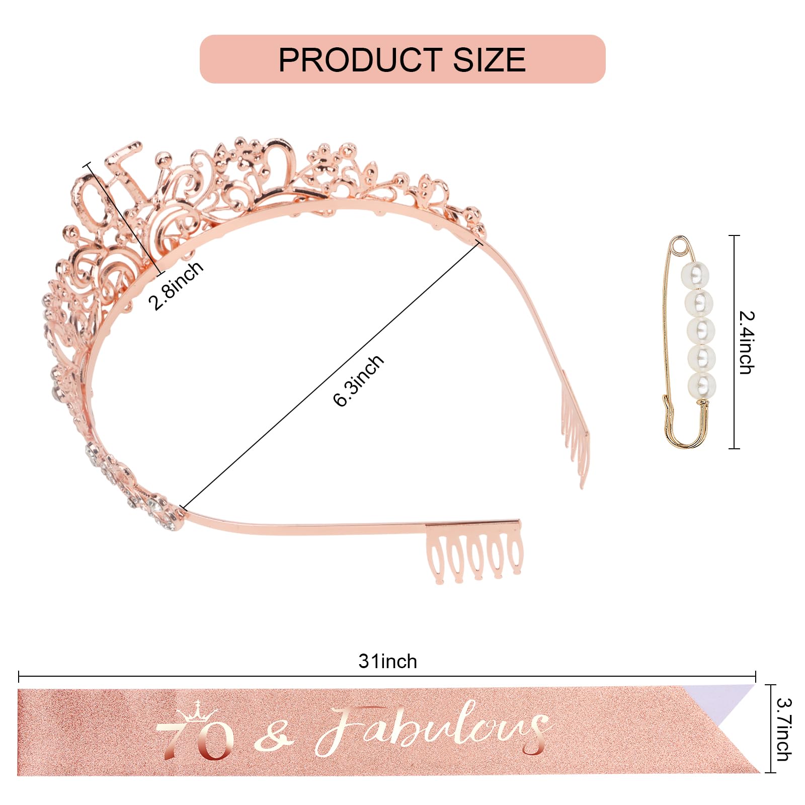 CIEHER 70th Birthday Crown, Sash & Pearl Pin Set - Elegant Decorations and Gifts for Women's 70 & Fabulous Birthday Party
