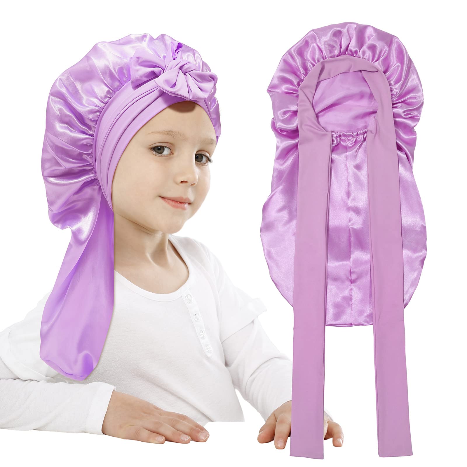 AWAYTR Long Toddler Silk Bonnet for Sleeping Elastic Satin Bonnets for Curly Hair Braid Night Cap for Aged 3-12 Kids (Light Purp