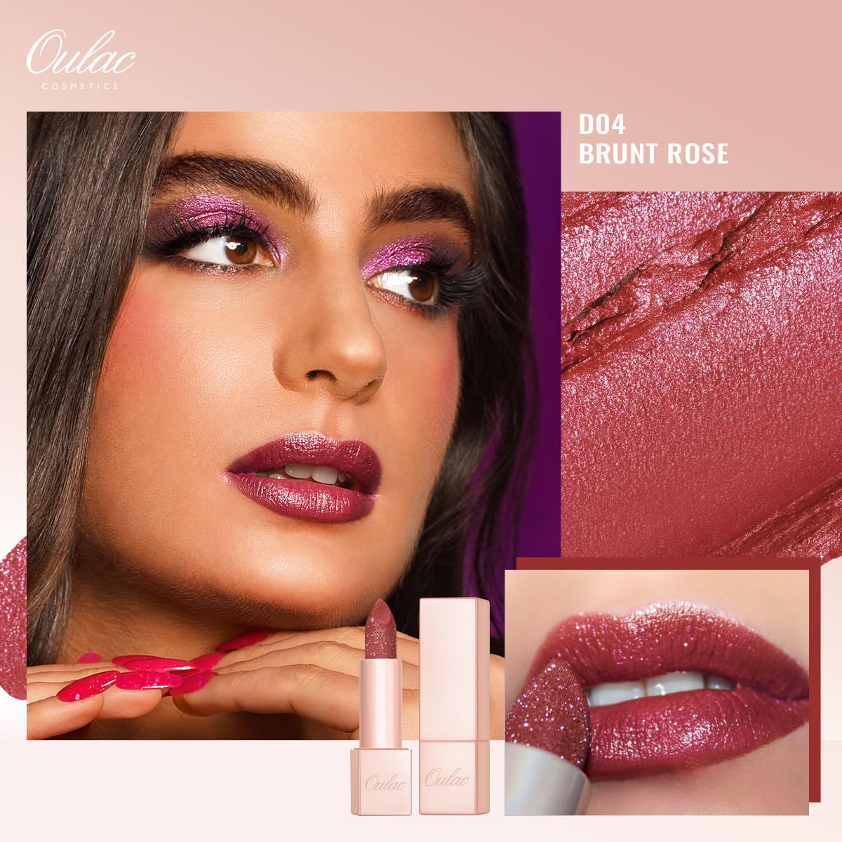 Oulac Shimmer Rose Lipstick for Women, Infinity High Shine Finish, Hydrating Lip Color Infused with Damask Rose Oil for All-Day