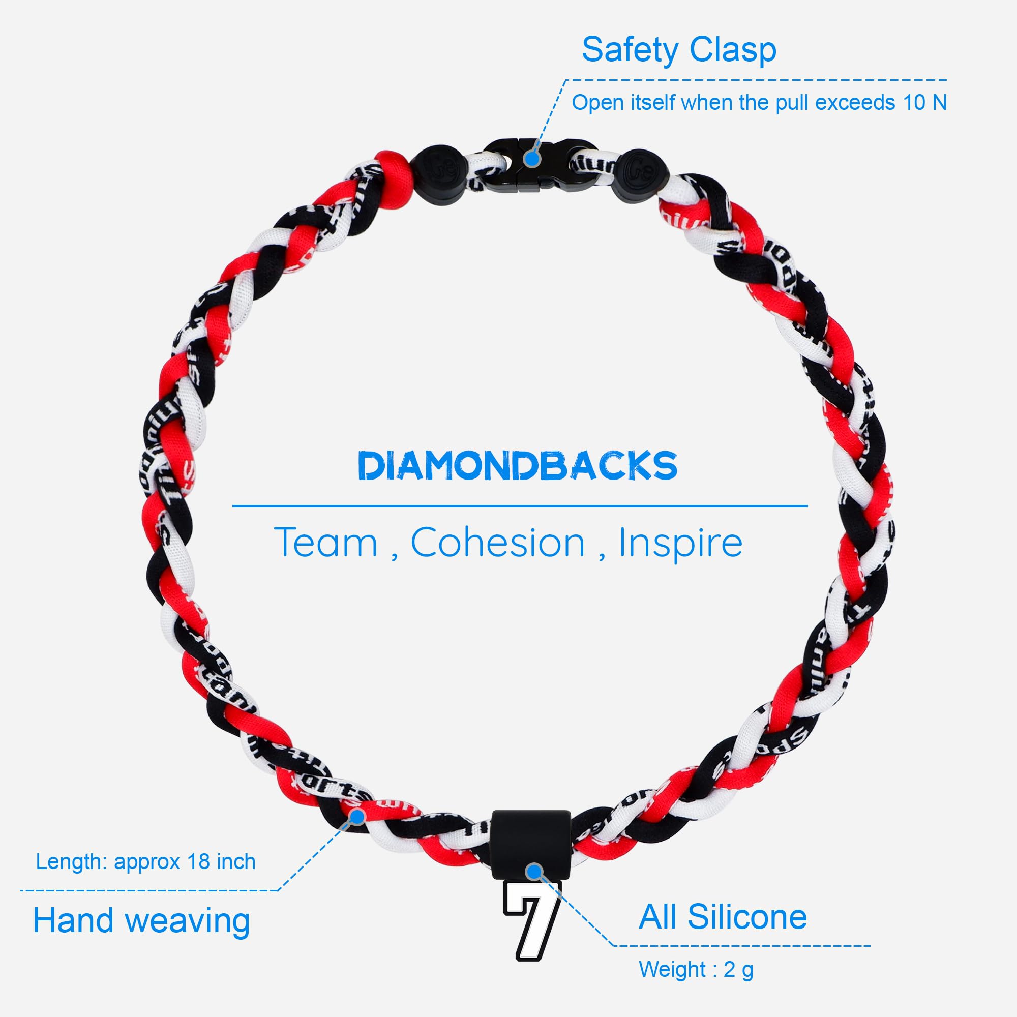SUPBOMM Baseball Rope Necklaces, League Team Colors Braided Necklace with Number Pendant, Baseball Team Gifts, Diamondbacks, No.