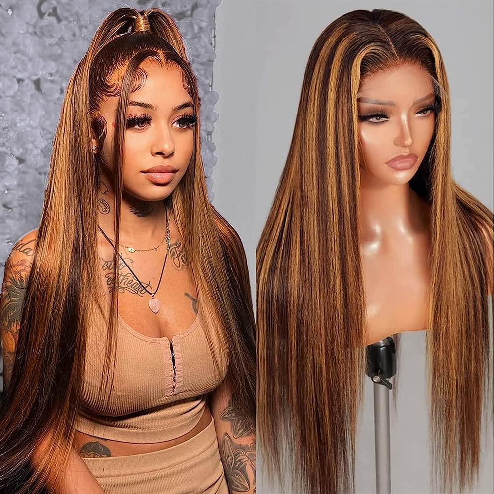 Flady Highlight Ombre Lace Front Wig Human Hair Pre Plucked 4/30 Colored Honey Blonde HD Lace Frontal Wigs For Black Women Human