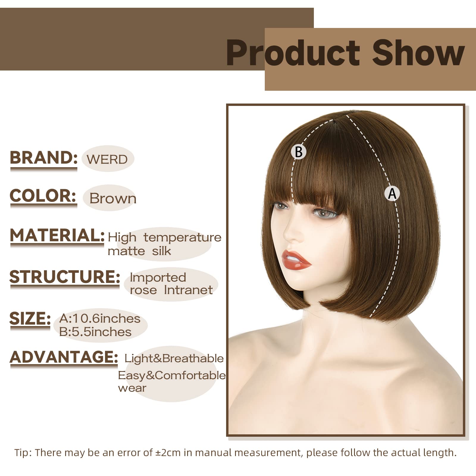 Werd Short Brown Bob Wig With Bangs,Brown Straight Bob Wig For Women,Brown Bob Wig Heat Resistant Fiber For Cospaly Velma