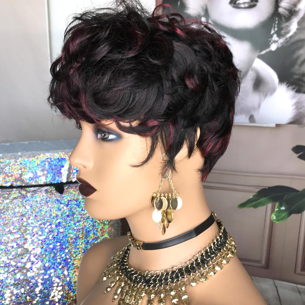 Hotkis Human Hair Short Curly Wigs For Black Women Pixie Cut Wig Human Hair Burgundy Short Wigs Human Hair Short Curly Human Hai