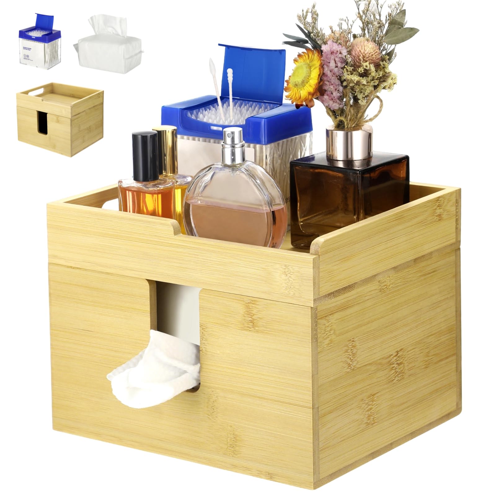 Disposable Face Towel Dispenser with Cotton Swabs, Wooden Skincare Organizer for Vanity, Countertop Tissue Box Cover with Tray, 