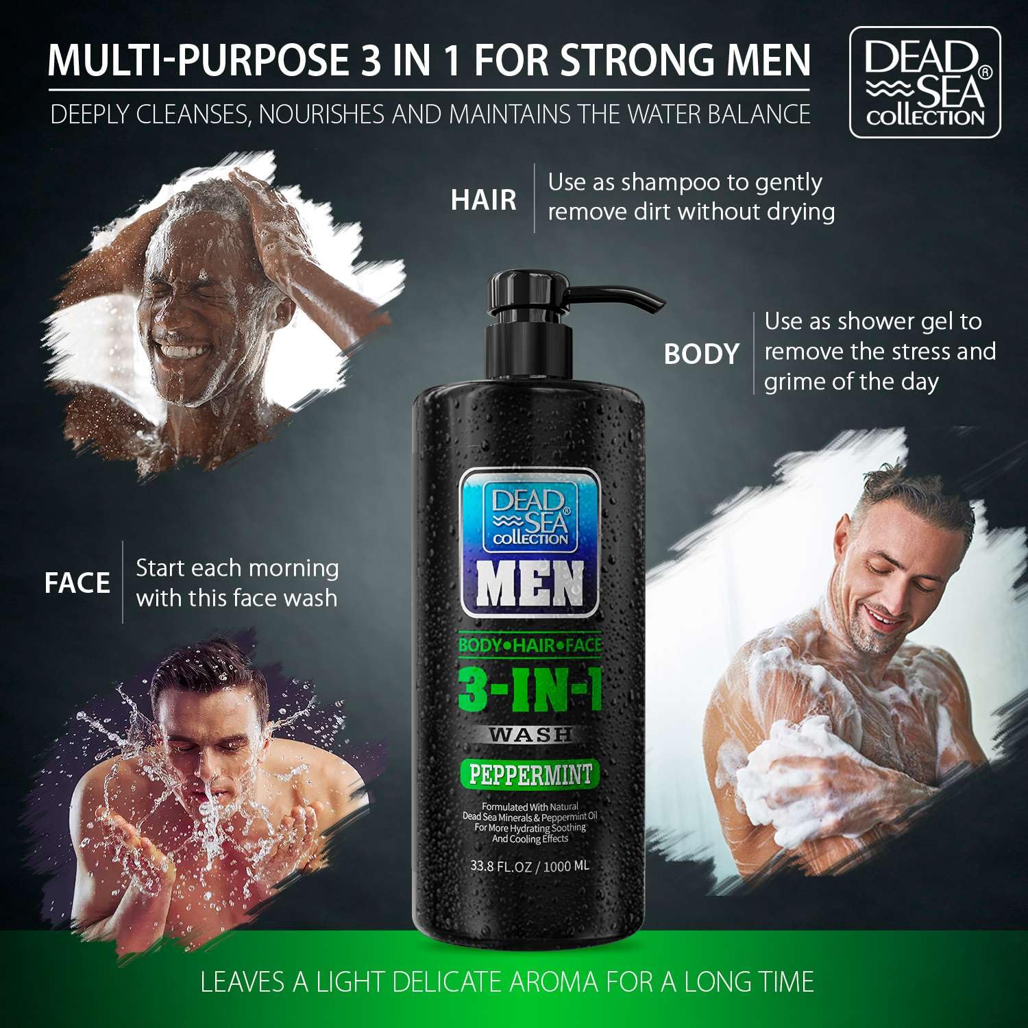 Dead Sea Collection Mens Body Wash 3 In 1 - Peppermint Body Wash For Men - Mens Shampoo - Mens Face Wash - Shampoo For Men - Pac