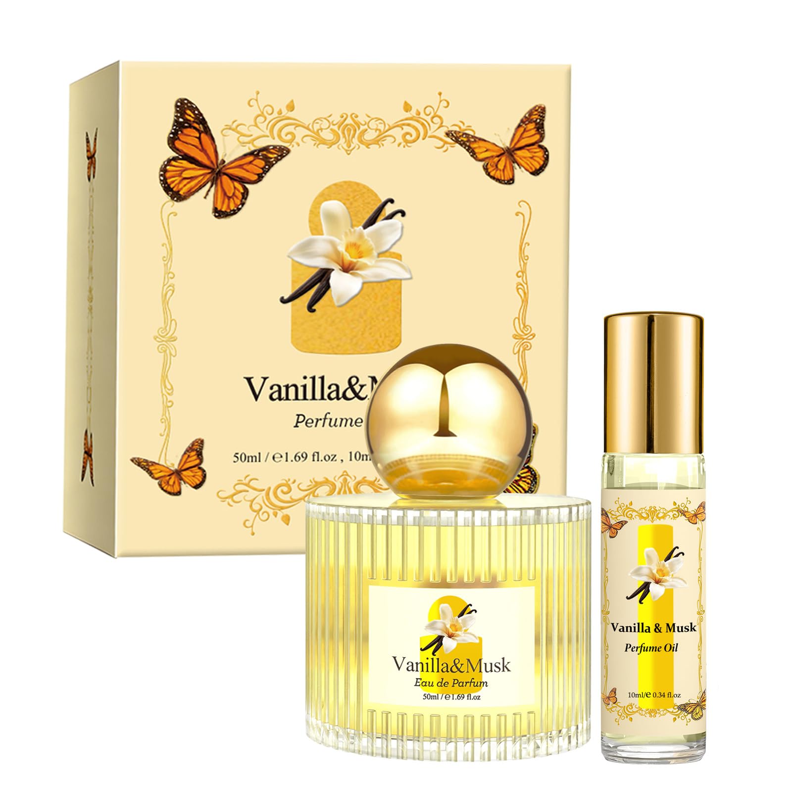 Jgppe Vanilla Musk Perfume Gift Set for Women, 1.7 fl oz Eau de Parfum Spray + 0.34 fl oz Roll On Perfume Oil, Long Lasting Swee
