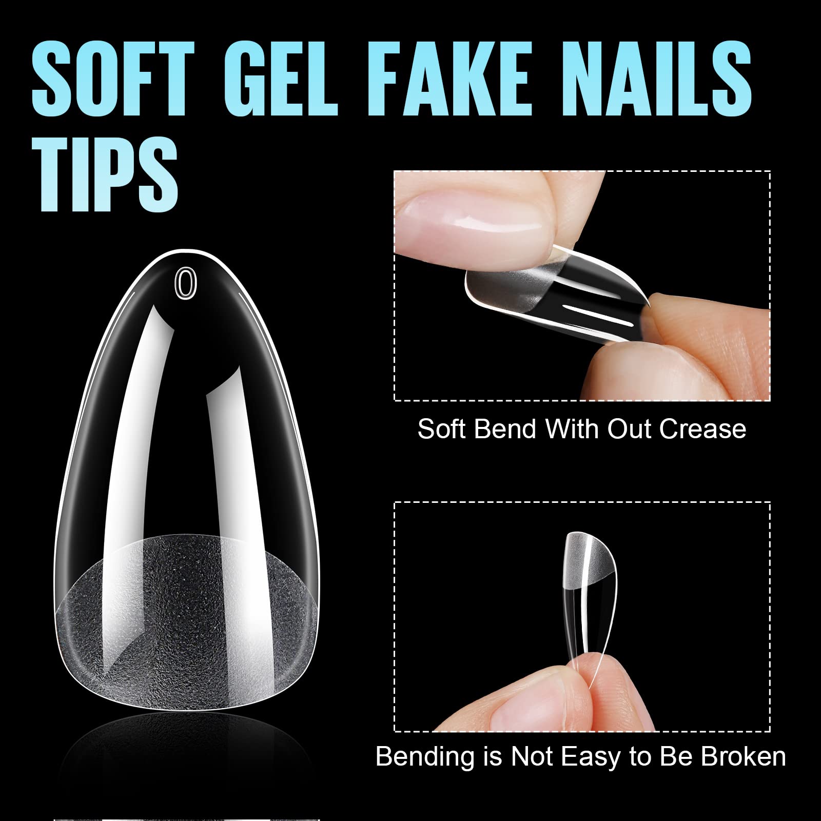 Tomicca Medium Almond Nail Tips, 192Pcs Soft Gel Nail Tips, 12 Sizes Acrylic Pre Buffed Medium Almond False Tips, Full Cover Hal