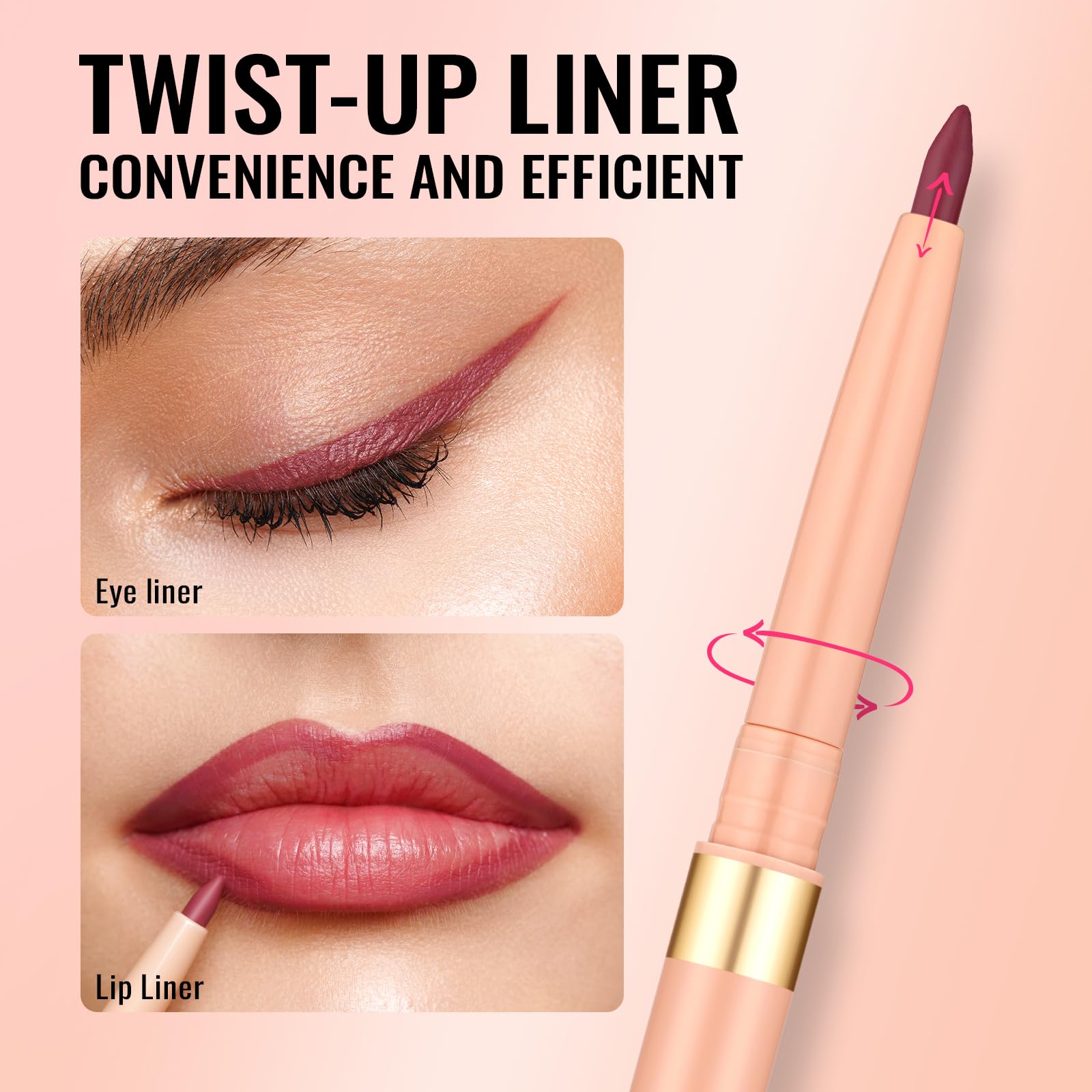 Oulac Pink Retractable Lipliner Pencil 2In1 Waterproof Makeup Crayon For Lip Liner And Eye Liner, Smooth And Creamy, Long Lastin