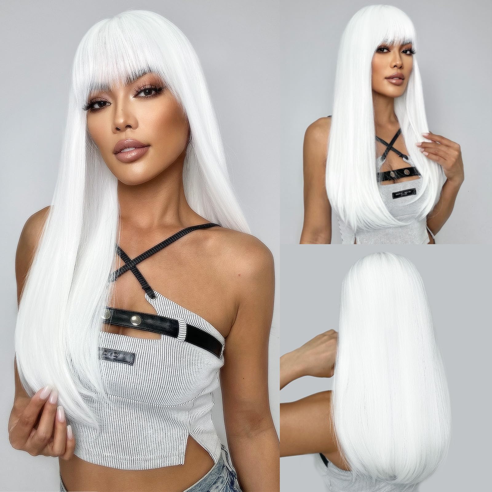 SUKRI White Wig with Bangs Long Straight White Wigs for Women Synthetic Heat Resistant Wig Natural Looking Hair Wig for Hallowee