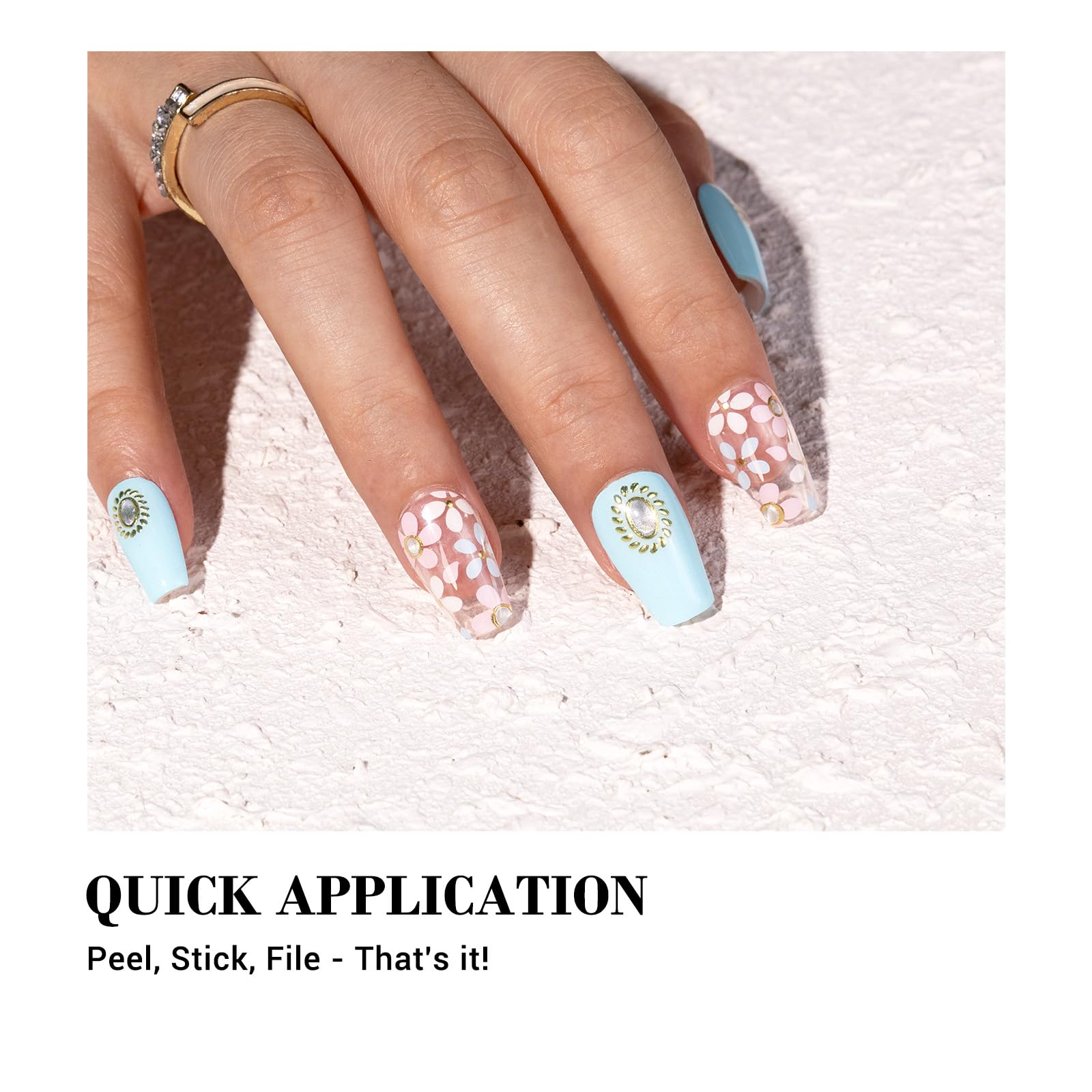 MelodySusie Qcoat Fully Cured Gel Nail Strips, Light Blue Crystal Flowers, UV Free Nail Polish Strips, Salon Quality, Long Lasti