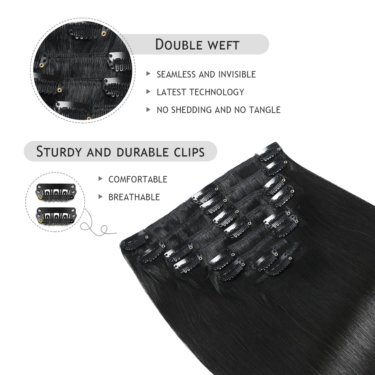 YILITE Clip in Hair Extensions Real Human Hair 8Pcs/Pack 120g Jet Black Straight Thick Invisible Remy Natural Hair Double Weft C