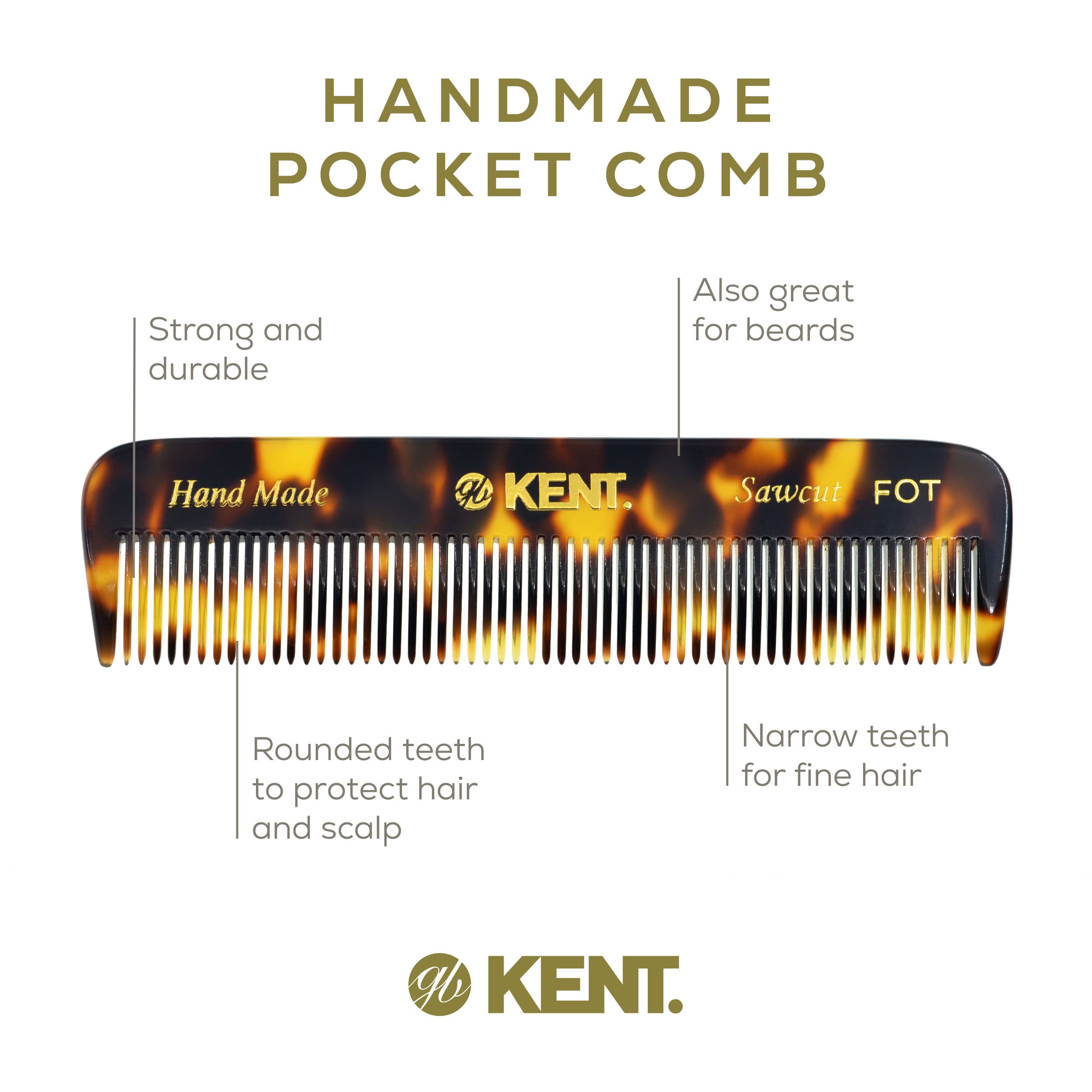 Kent Fot Ty Fine Tooth Beard And Hair Comb - Handmade Travel Pocket Styling Comb For Thinning Hair, Mustache Care - Essential Fo