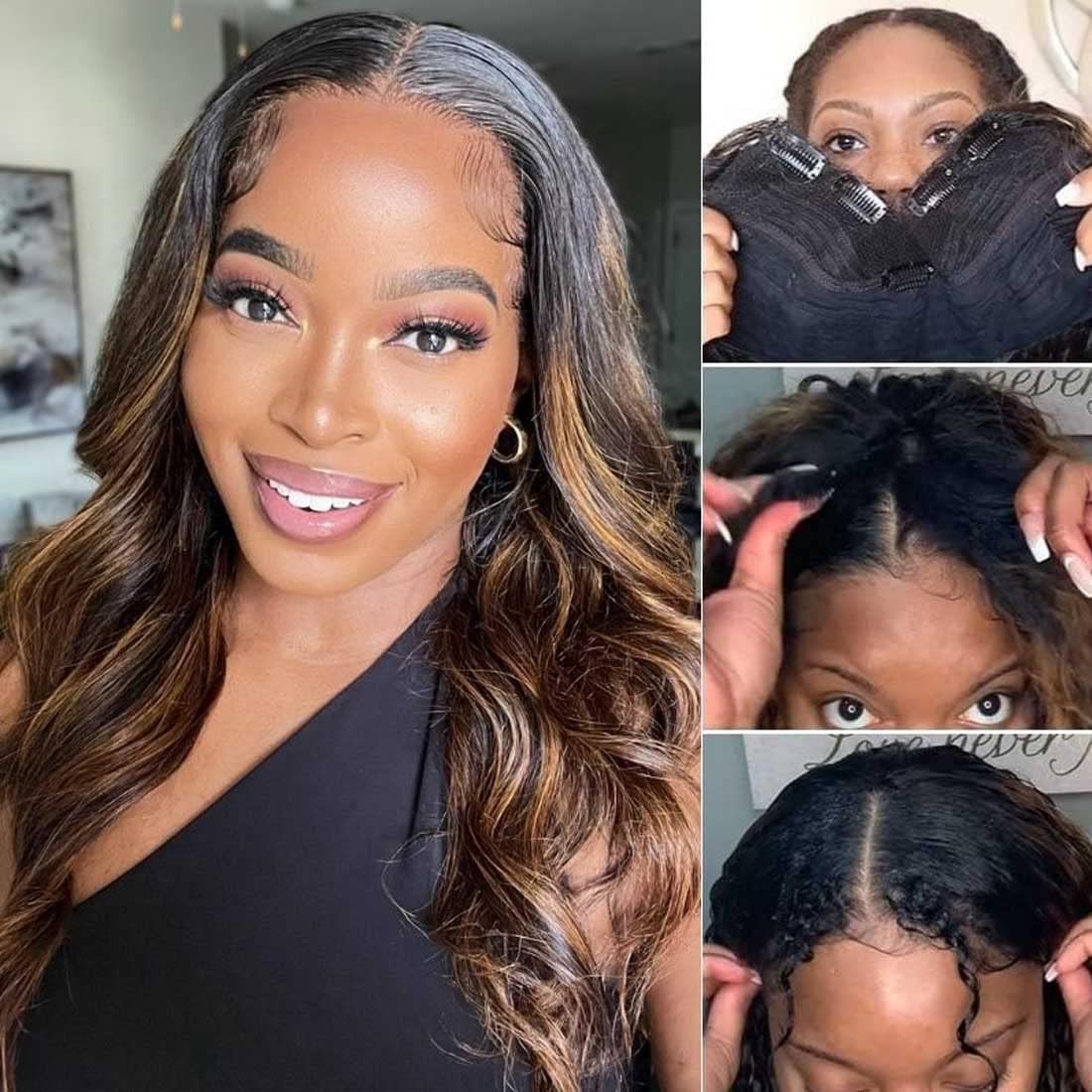 Xagujpo 16Inch #Fb30 Ombre Brown Body Wave V Part Wig Human Hair No Sew In Upgrade U Part Human Hair Wig Balayage Highlight Huma