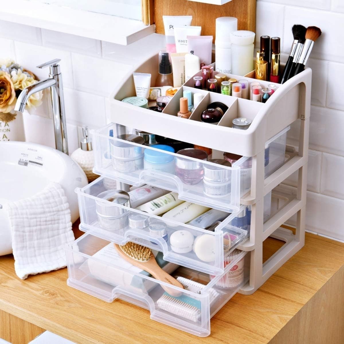 Simbuy Makeup Organizer - 3 Drawer Plastic Storage for Cosmetics & Jewelry - White