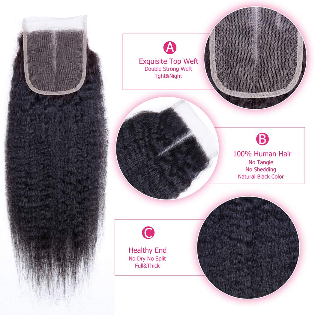 Odir Kinky Straight Bundles With Closure Brazilian Human Hair 26 28 30+20 Inch Unprocessed 9A Yaki Straight Virgin Hair 3 Bundle