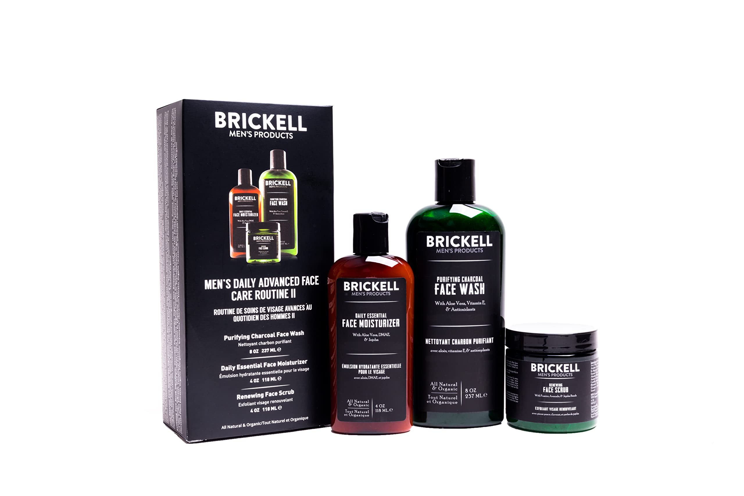 Brickell Men's Daily Advanced Face Care Routine II, Activated Charcoal Facial Cleanser, Face Scrub, Face Moisturizer Lotion, Nat