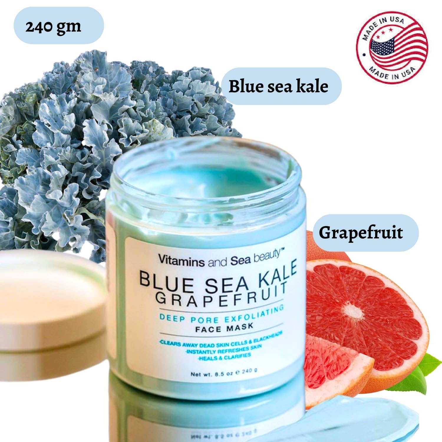 VITAMINS AND SEA BEAUTY, Exfoliating Face Mask Deep Cleansing Purifying Blackhead Pore Control with Blue Sea Kale and Grapefruit