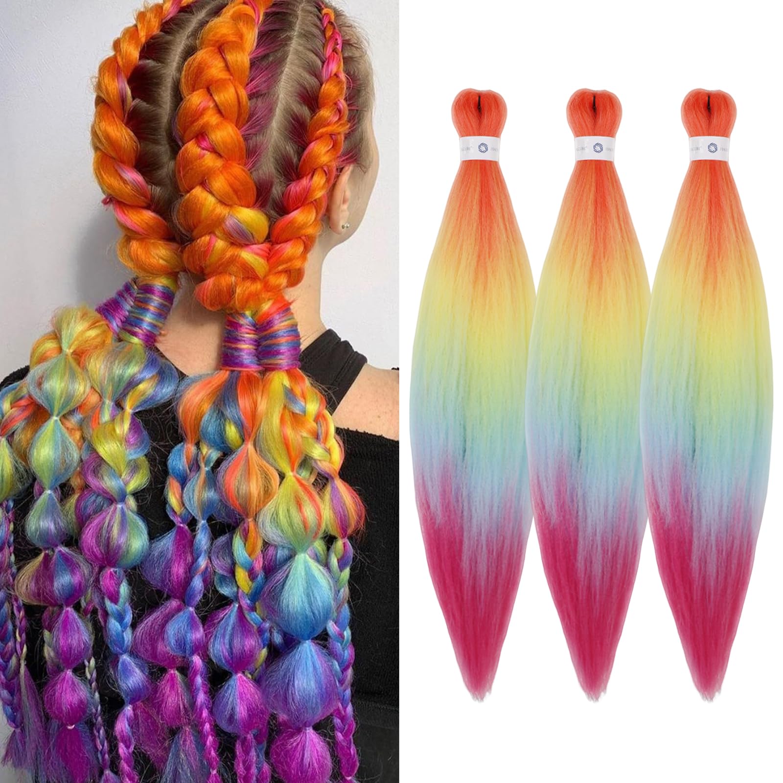 Pre-Stretched Braiding Hair Ombre Rainbow Braiding Hair Extensions 26 Inch 3 Packs Hot Water Setting Professional Soft Yaki Synt