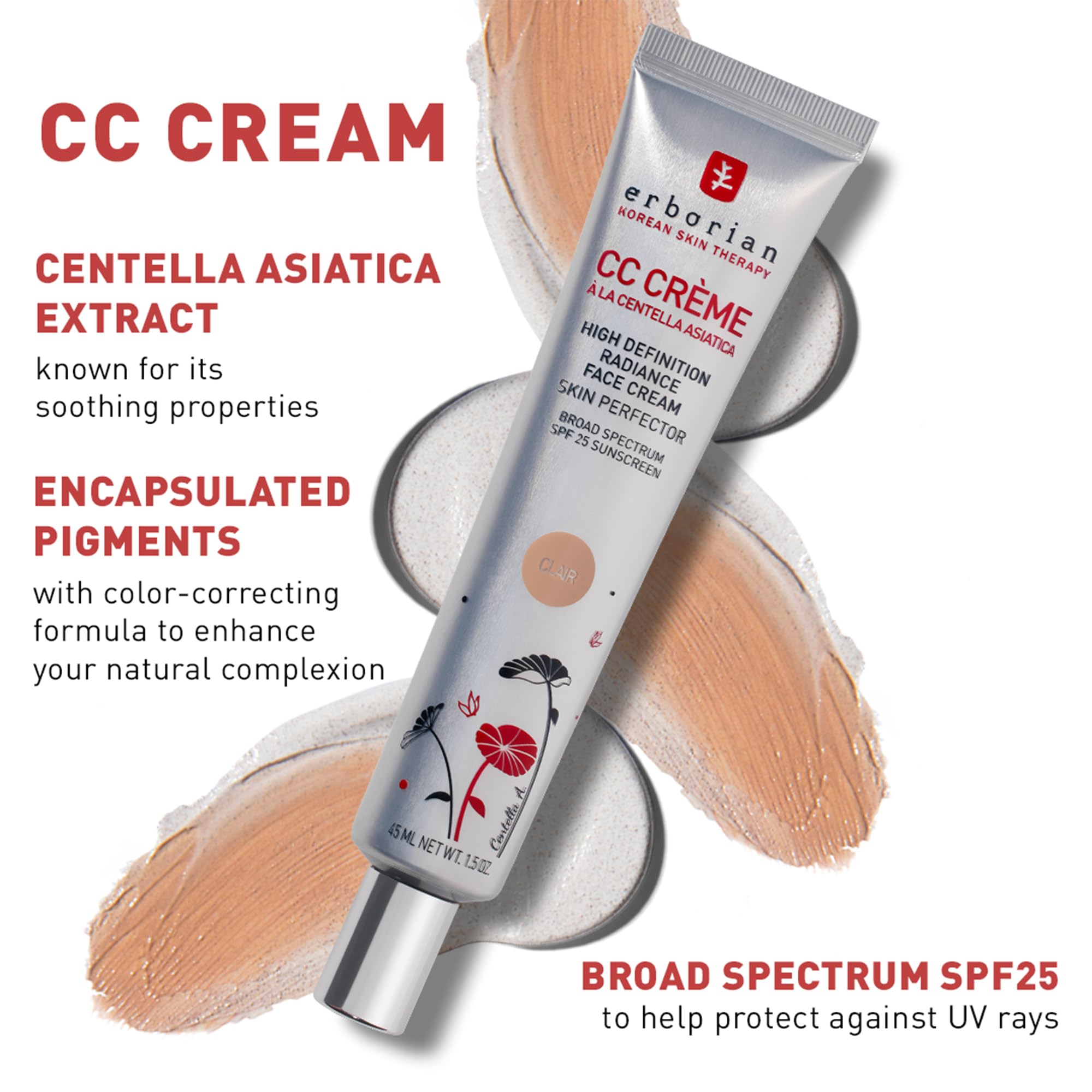 Erborian Color Correcting Cc Cream With Cica, Fair (Clair)- Lightweight Multi-Purpose Foundation With Illuminating Finish Soothe