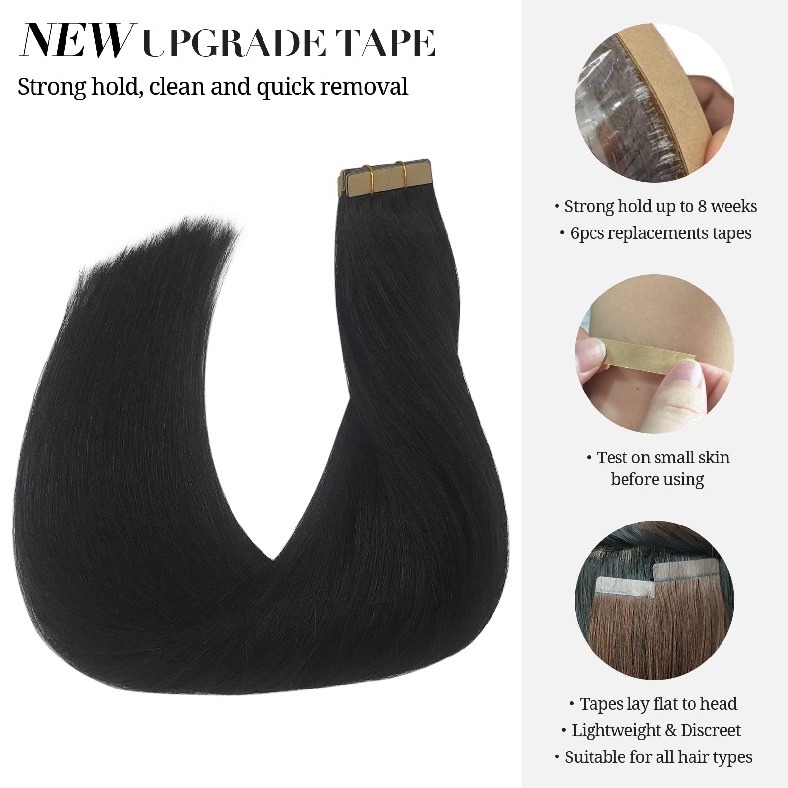 Doores Tape In Hair Extensions Human Hair, 18 Inch 50G 20Pcs Jet Black, Human Hair Extensions Tape In Remy Straight Hair Extensi