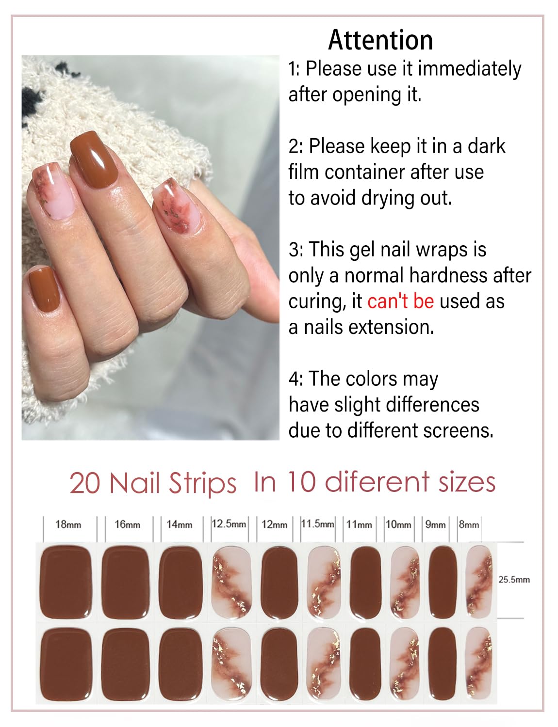 Semi Cured Gel Nail Strips, 20Pcs Gel Nail Stickers Uv, Semi Cured Gel Nail Wraps For Home Nails Diy -Burnt Marble