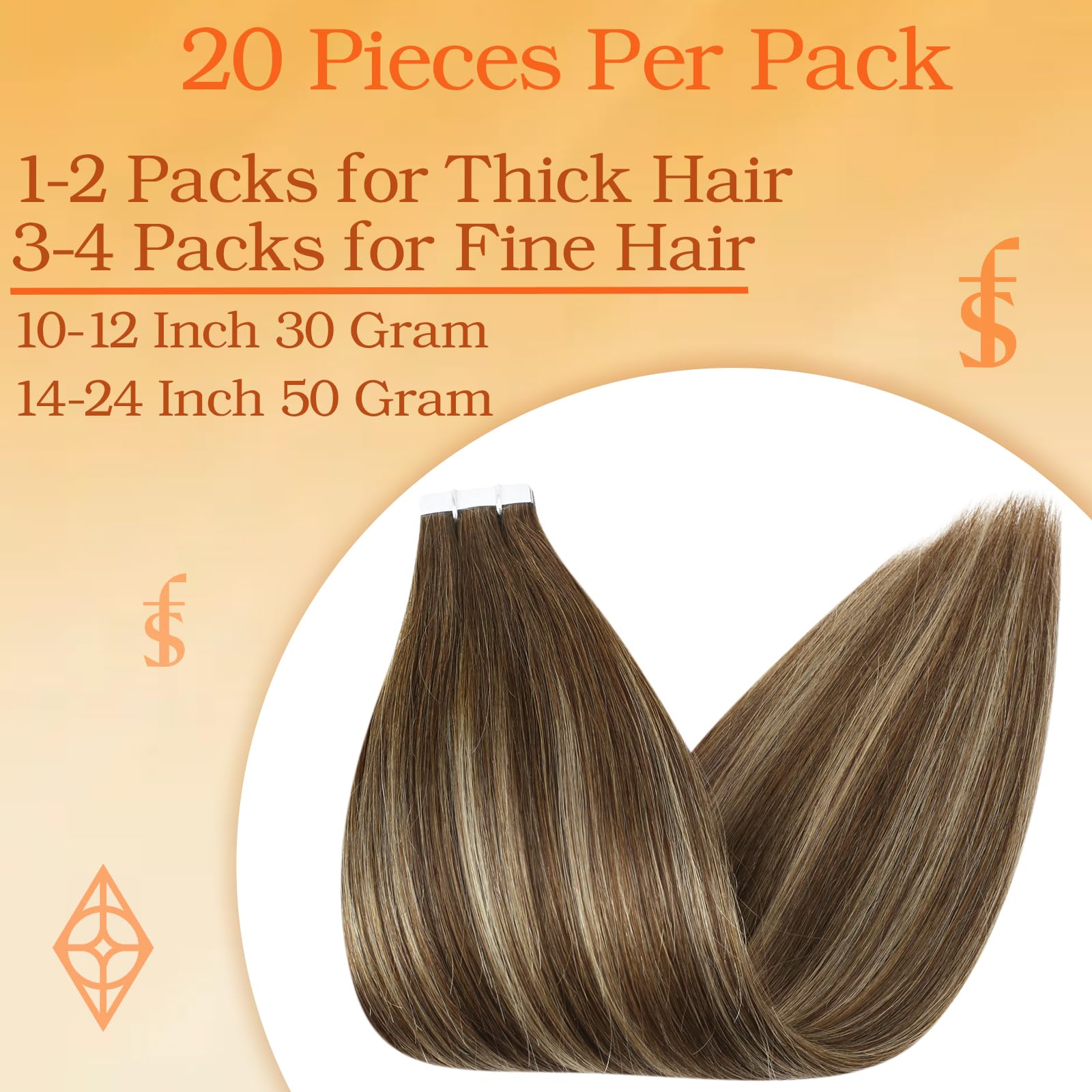 Full Shine Tape In Hair Extensions Human Hair 16 Inch 20 Pcs Glue In Hair Extensions Tape In Color 4 Medium Brown Fading To 24 B
