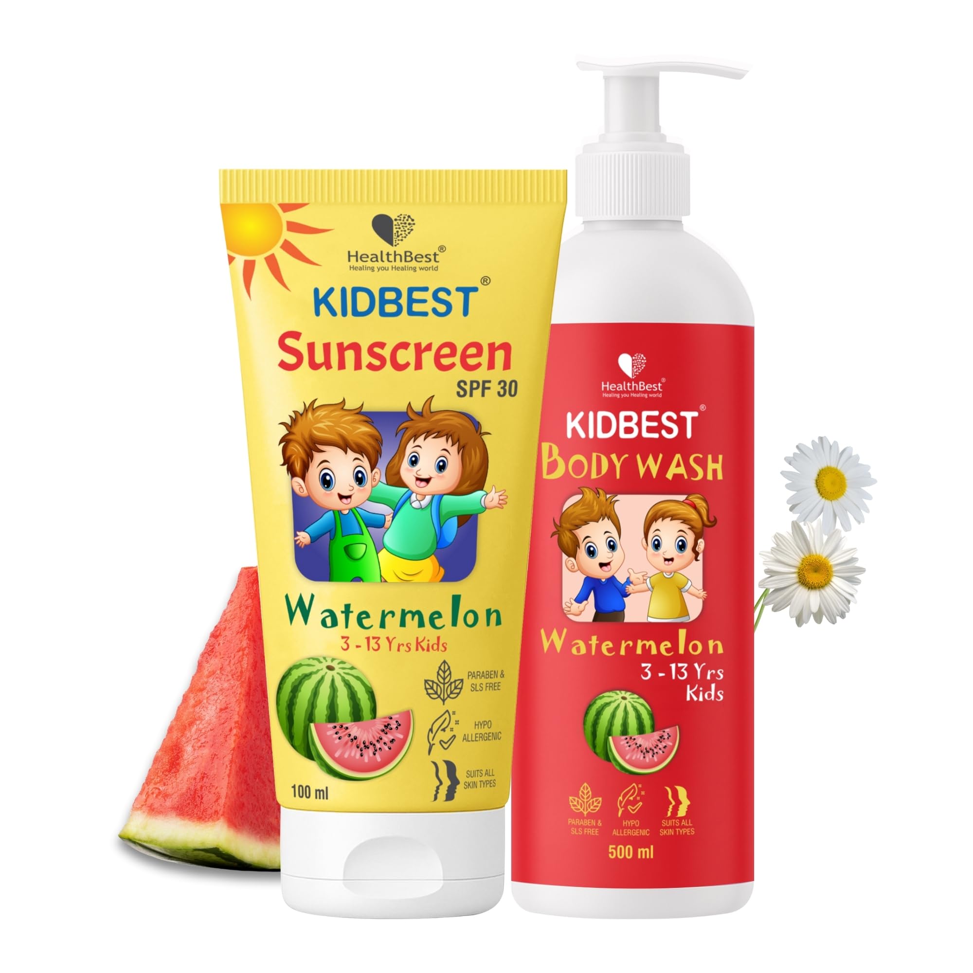 Healthbest Kids Watermelon Cooling Sunscreen Spf 30, Pa+++ - 100Ml & Body Wash - 500Ml Combo | Uv Protection + Gentle Cleansing 