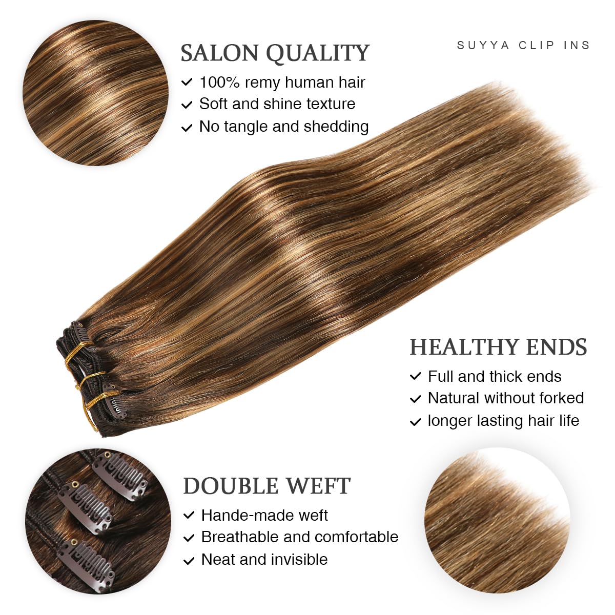 Suyya Clip In Hair Extensions Real Human Hair 14 Inch 110G 7Pcs Hair Extensions Human Hair Clip Ins Silky Straight Double Weft O