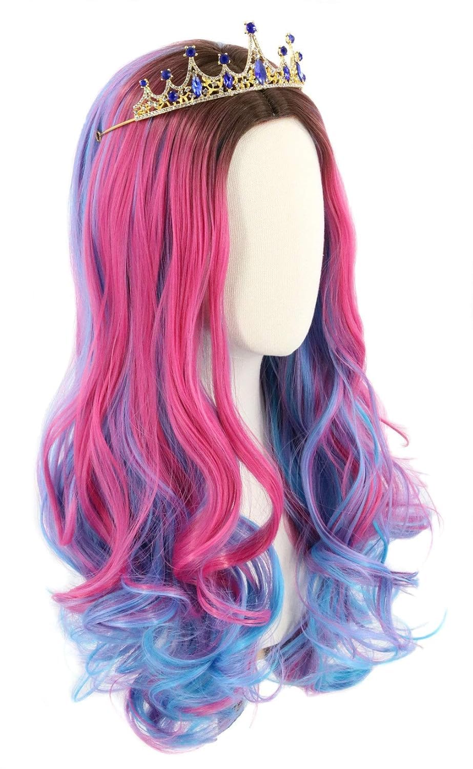 Topcosplay Girls Wig And Crown Long Wavy Pink Mixed Blue Halloween Costume Party Wig Black Roots