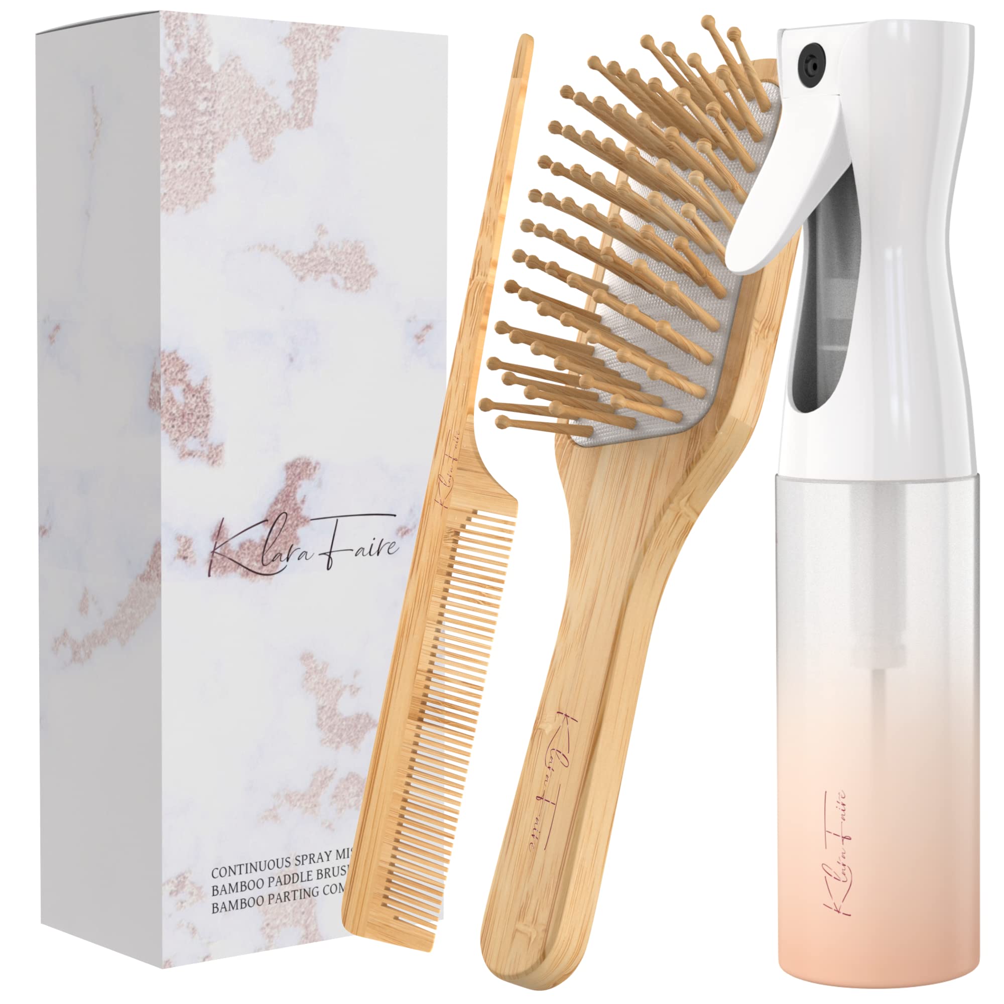 Water Mister Spray Bottle For Hair - 3Pc Set W/Bamboo Brush, Rat Tail Combs & Continuous Spray Bottle For Hair  Natural Bamboo H