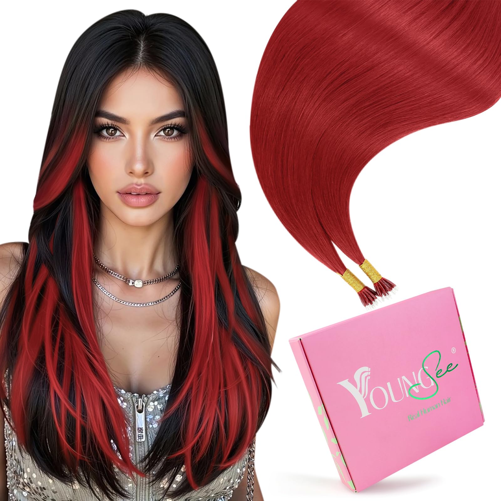 YoungSee Nano Ring Hair Extensions Human Hair Red Nano Bead Hair Extensions Colored Nanolink Extension Red Nano-Loop Extension S