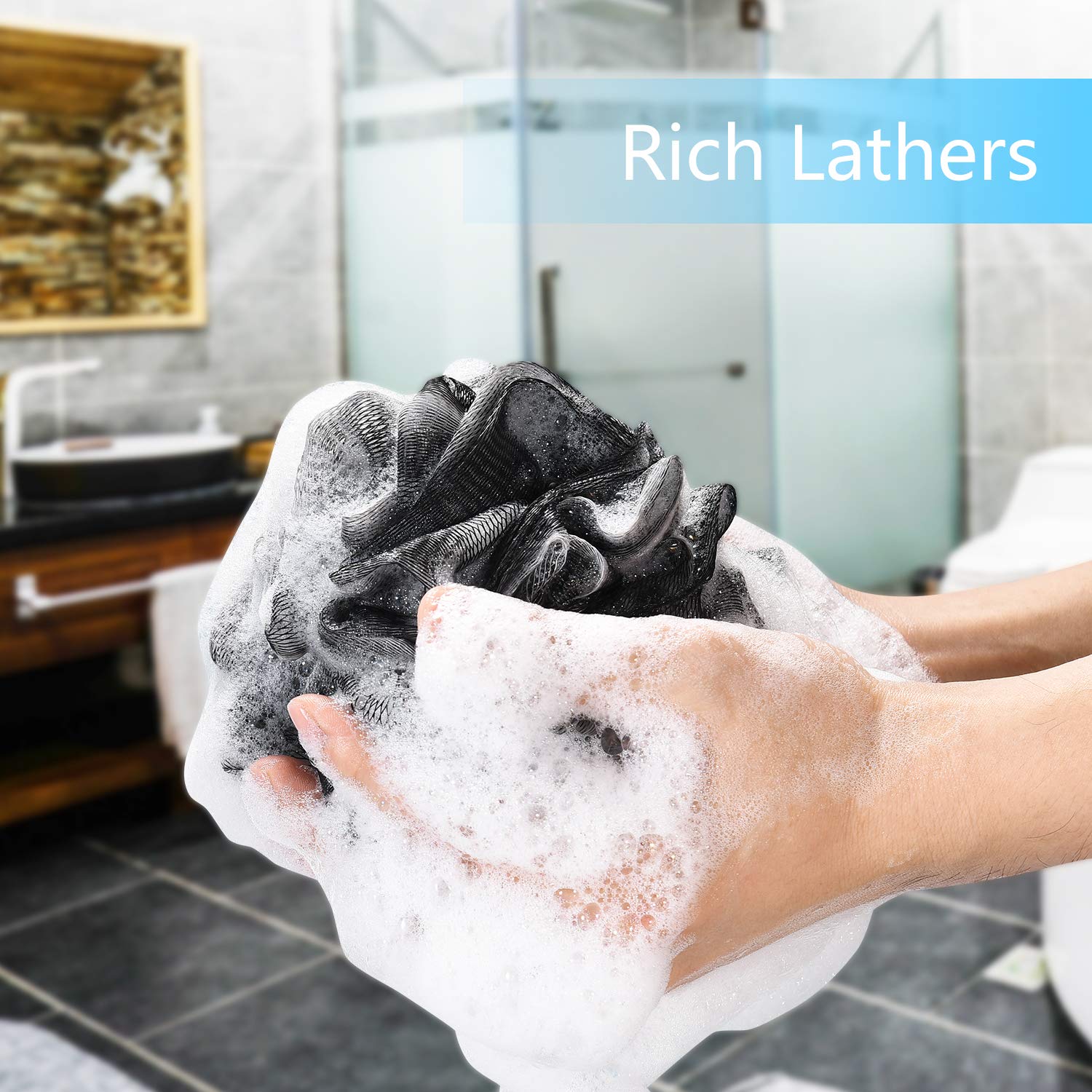 Yoget Charcoal Bath Loofah Sponge, 4 Pack Black 60G Large Shower Mesh Ball Soft Pouf Body Scrubber, Exfoliate, Cleanse, Soothe S