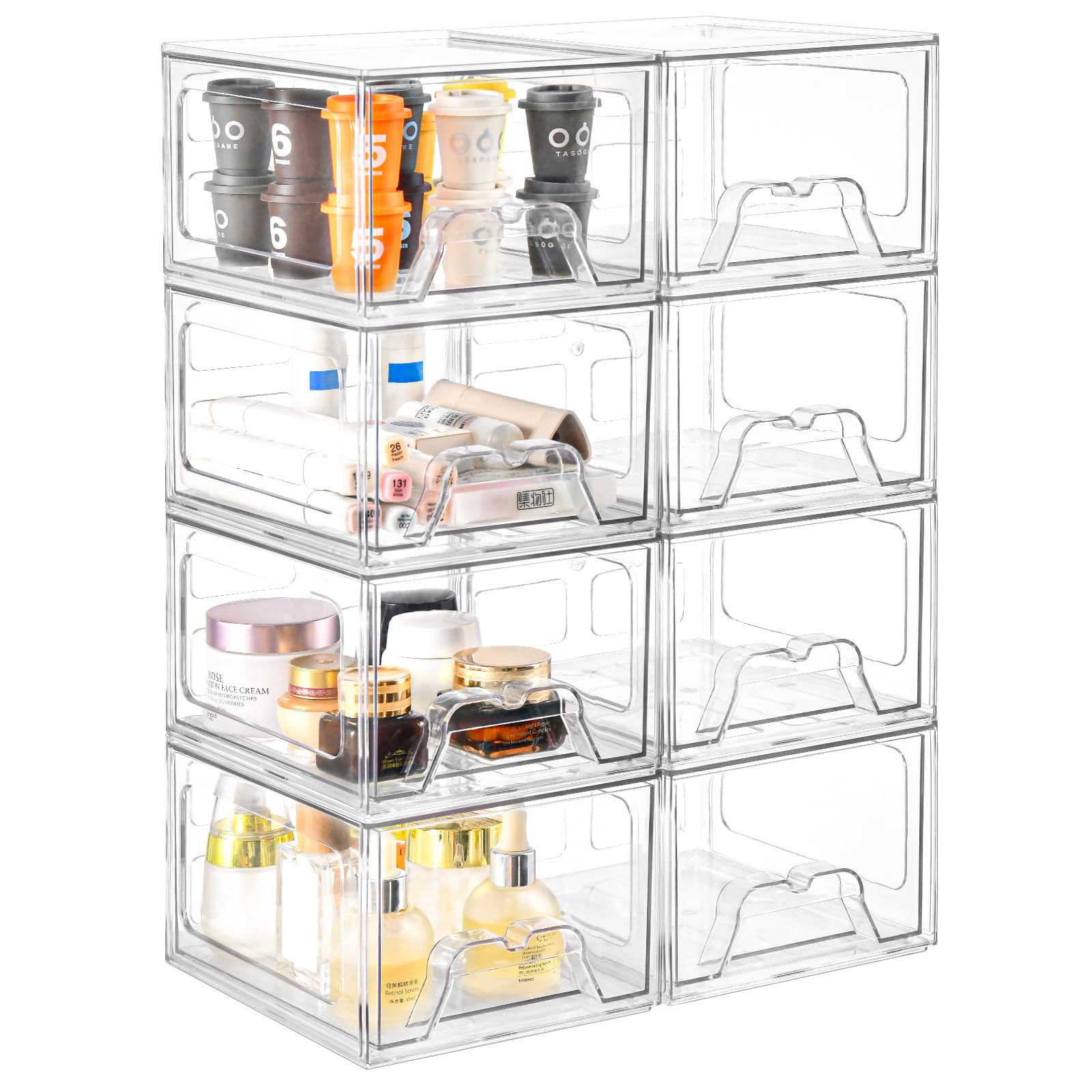 Stebopum 8 Pack Stackable Makeup Organizer, 4.4'' Tall Acrylic Bathroom Makeup Organizer And Storage Drawer With Pull-Out Handle