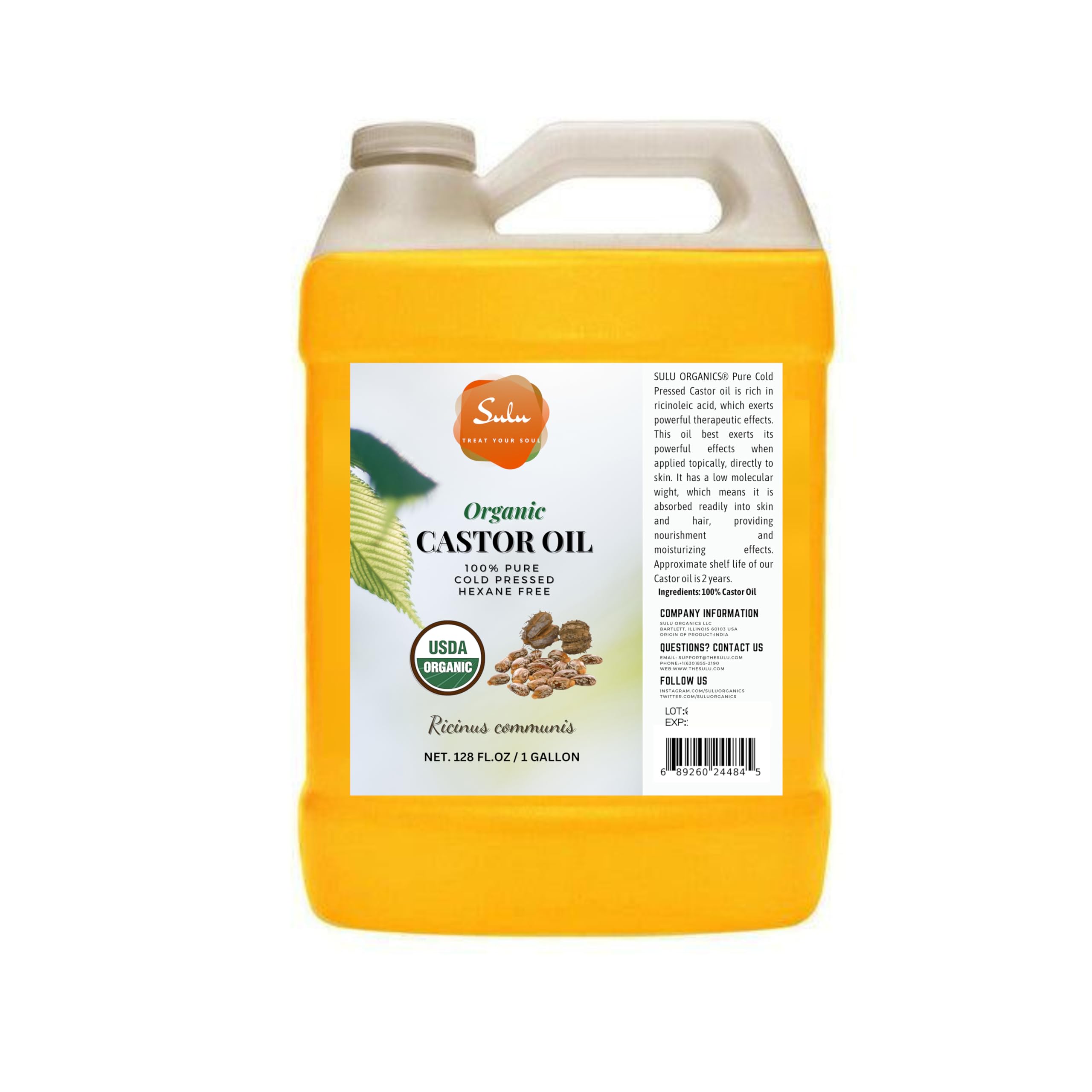 SULU ORGANICS 1 Gallon 100% COLD PRESSED HEXANE FREE CASTOR OIL USP