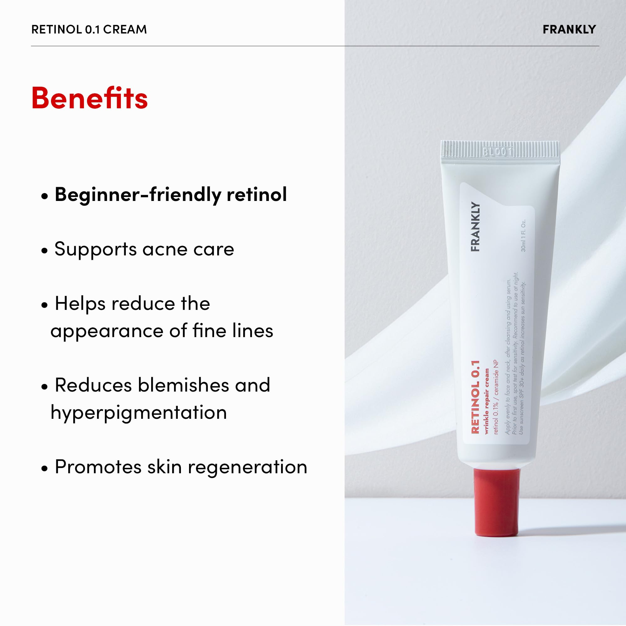 Frankly Retinol 0.1 Cream - Beginner Retinol | Fine Lines & Wrinkles Care, Acne Care, Skin Lifting & Restoration, Anti-Aging | C