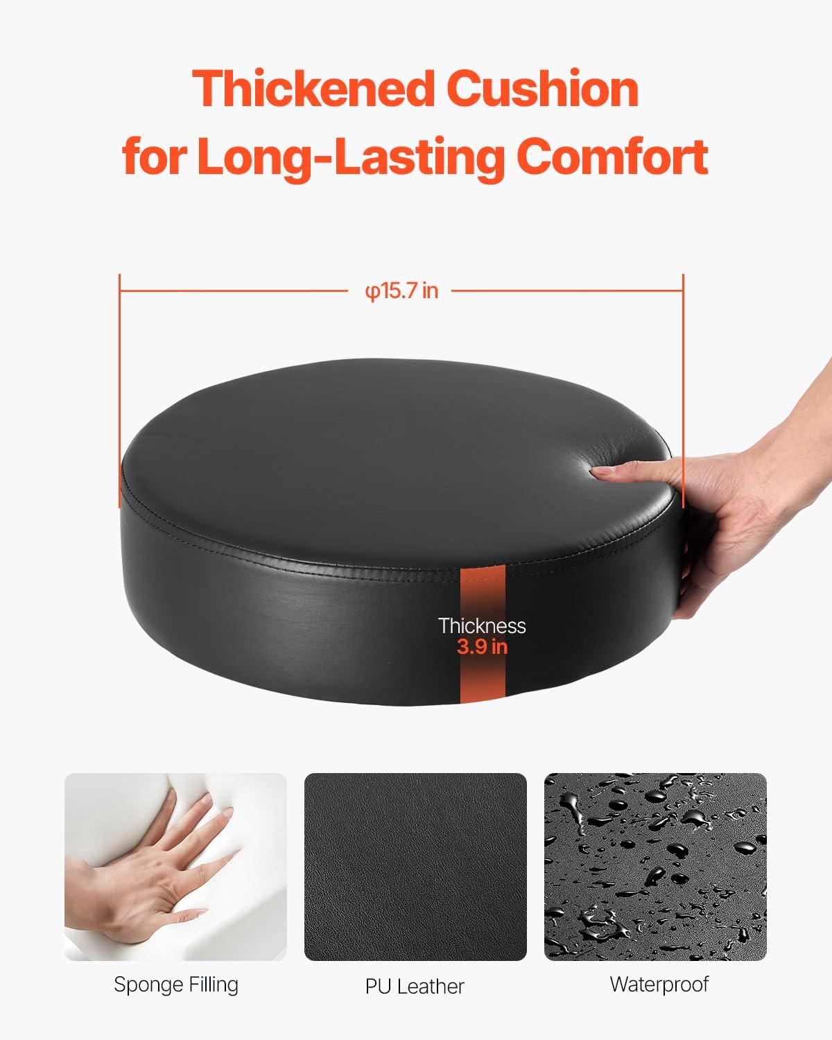 VEVOR Rolling Stool with Foot Rest and Wheels, 450 LBS Weight Capacity Round Rolling Stool Chair, Height Adjustable Thickened PU