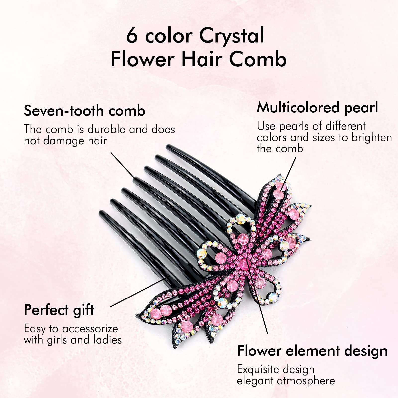 Lawie 6 Pack Large Crystal Rhinestone Side Comb Fancy Sparkly Jeweled Long Teeth Plastic Decorative Hair Combs Accessories Frenc